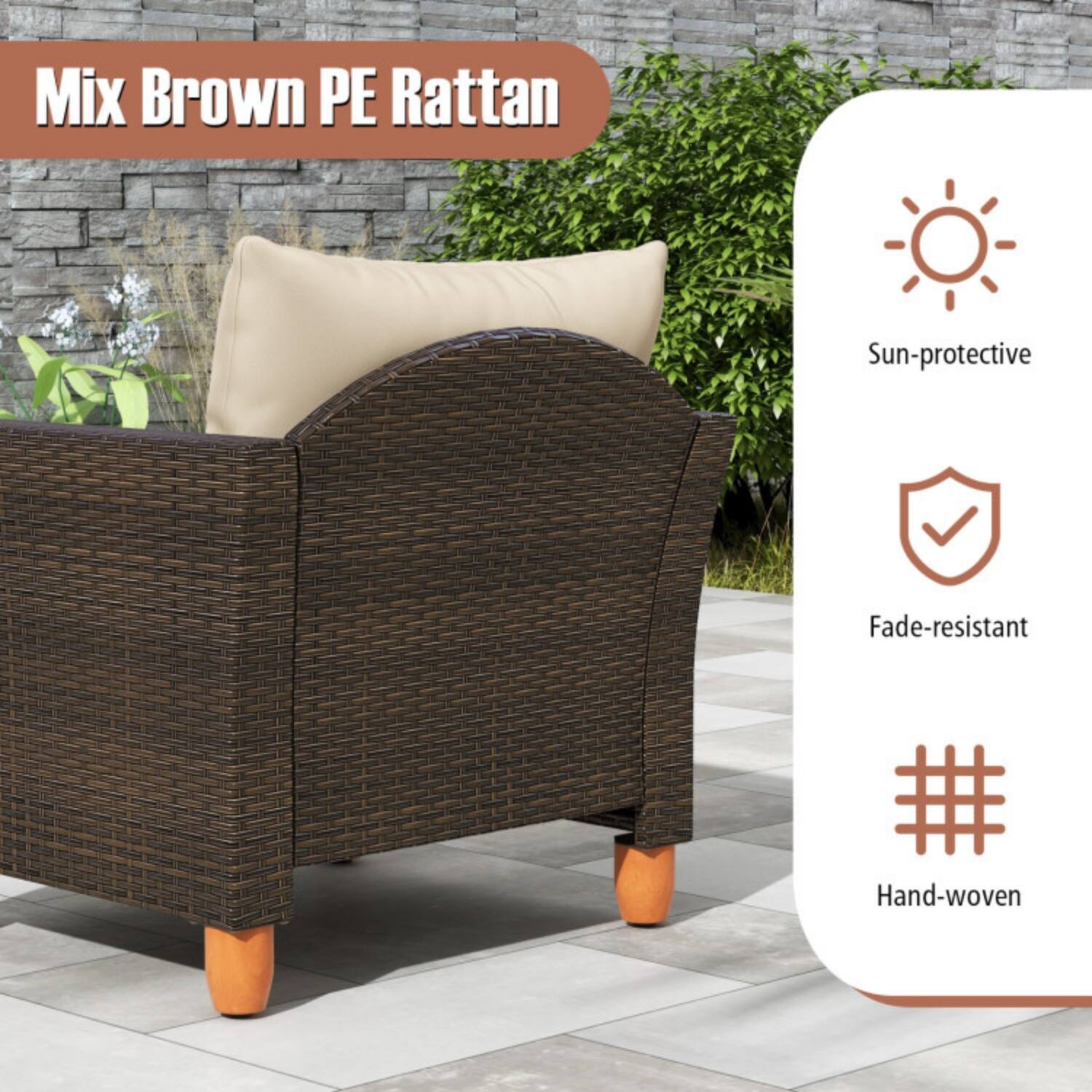 Mix Brown PE Rattan  
- Sun-protective  
- Fade-resistant  
- Hand-woven