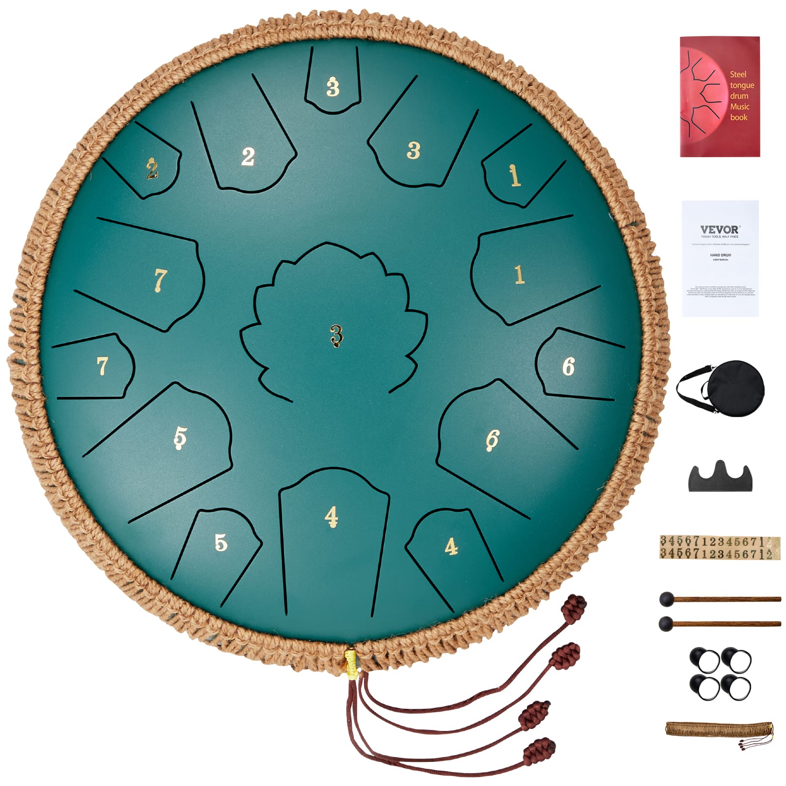 VEVOR - Steel Tongue Drum, 14 in & 15 Notes, Rain Drum for Outside Garden, C Major Key, Tank Drum with 2 Mallets & Carry Bag - Green