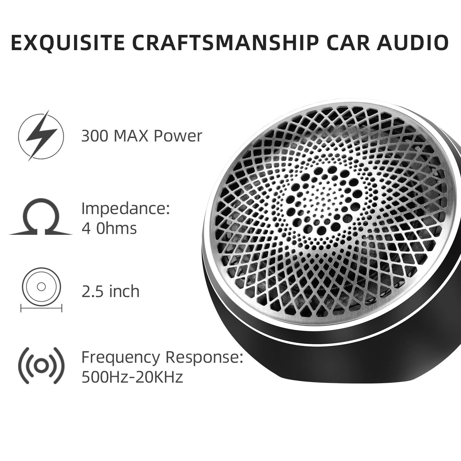 EXQUISITE CRAFTSMANSHIP CAR AUDIO

- 300 MAX Power
- Impedance: 4 Ohms
- 2.5 inch
- Frequency Response: 500Hz-20KHz