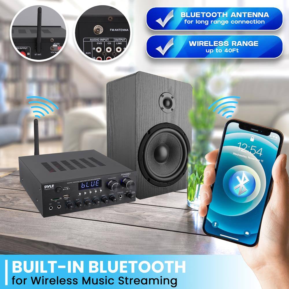 - FM ANTENNA
- BLUETOOTH ANTENNA for long range connection
- OUTPUT
- AUDIO INPUT
- DVD
- CD
- LINE
- AUX
- WIRELESS RANGE up to 40Ft
- BUILT-IN BLUETOOTH for Wireless Music Streaming
- BLUETOOTH ANTENNA for long range connection
- WIRELESS RANGE up to 40Ft
- BUILT-IN BLUETOOTH for Wireless Music Streaming