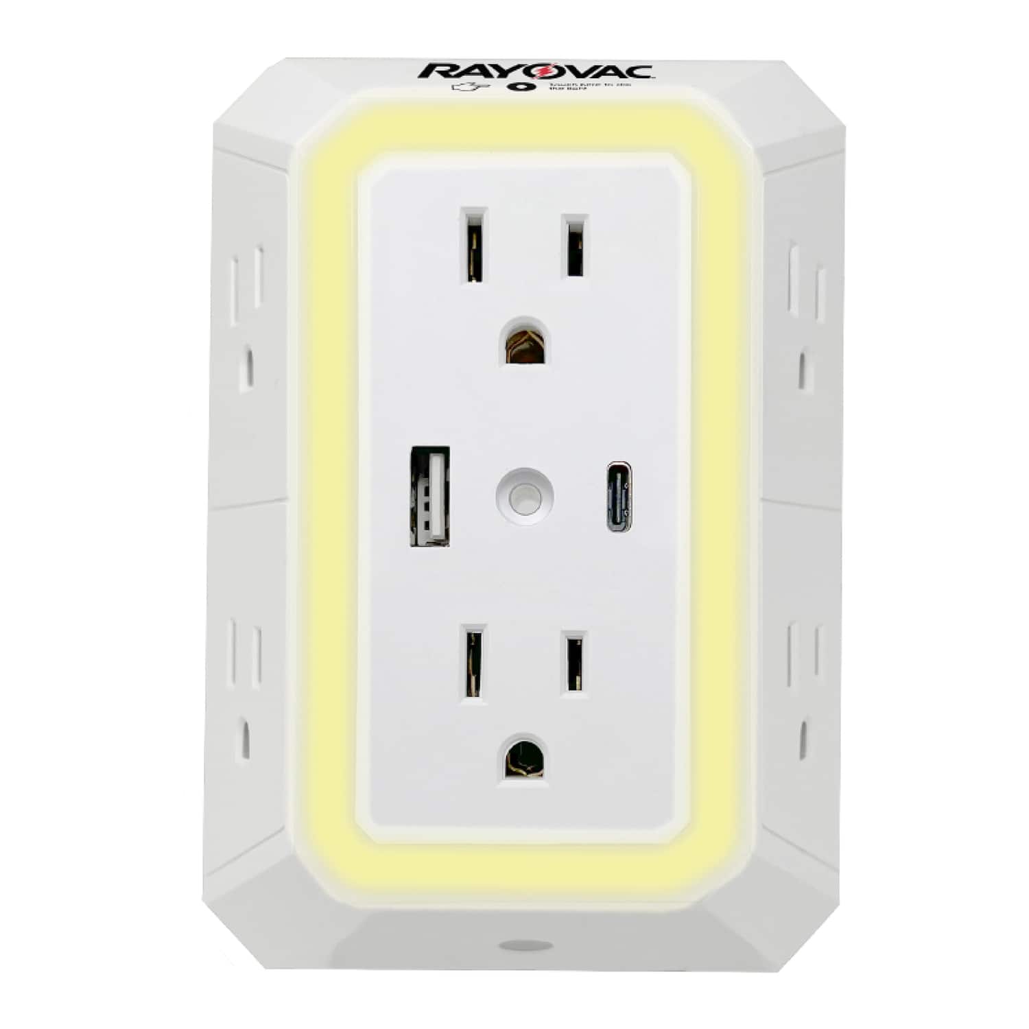 Rayovac - 6-AC Outlet 2-USB Port 300-Joules Portable Surge Protector Wall Tap Phone Holder Night-Light SS-Q205 - White