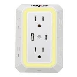 Rayovac - 6-AC Outlet 2-USB Port 300-Joules Portable Surge Protector Wall Tap Phone Holder Night-Light SS-Q205 - White