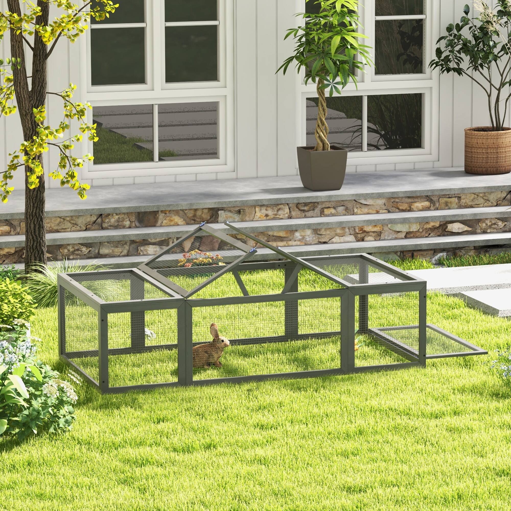 Alt View 4. Pawhut - Large Wooden Rabbit Hutch Bunny Hutch Small Animal Habitat Enclosure Outdoor Run, Lockable Doors.