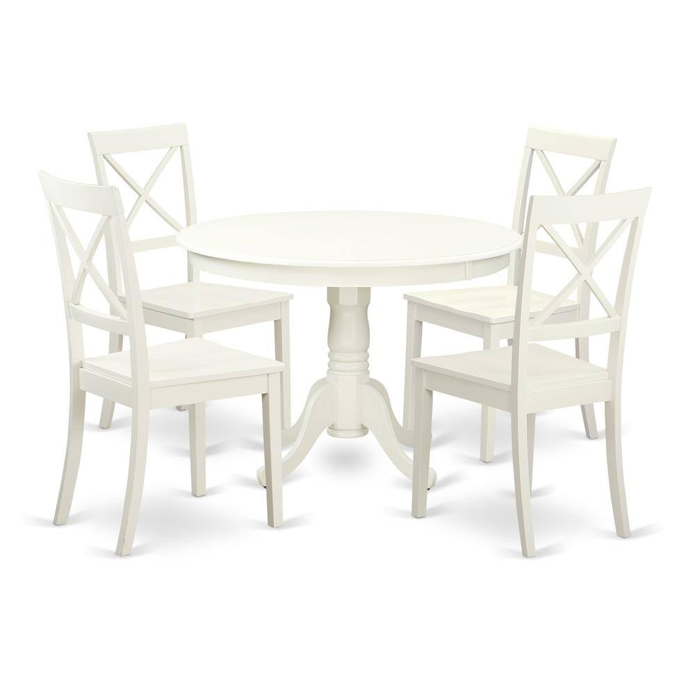 Left. East West Furniture - 5 Pc set with a Round Dinette Table and 4 Wood Dinette Chairs in Linen White - Linen White.