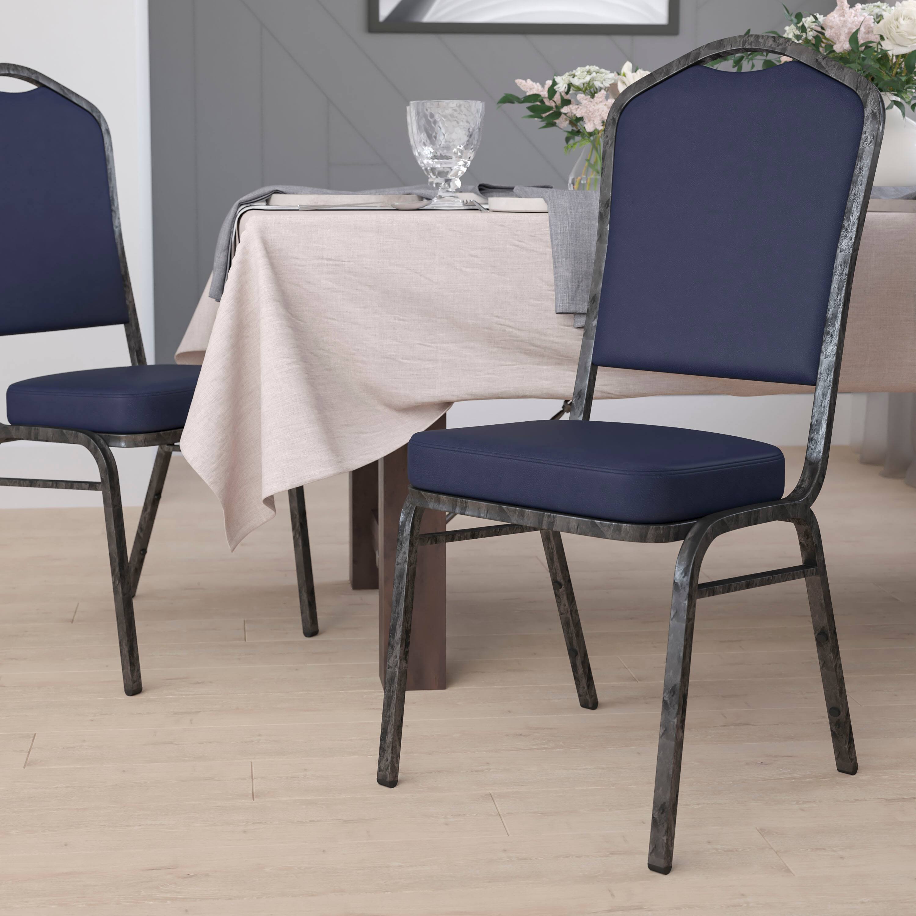 Alt View 1. Emma + Oliver - Crown Back Stacking Banquet Dining Chair - Navy Vinyl/Silver Vein Frame.
