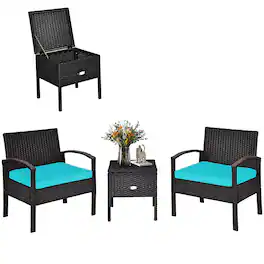 Costway - 3PCS Patio Rattan Furniture Set Storage Table Cushioned Sofa - Turquoise