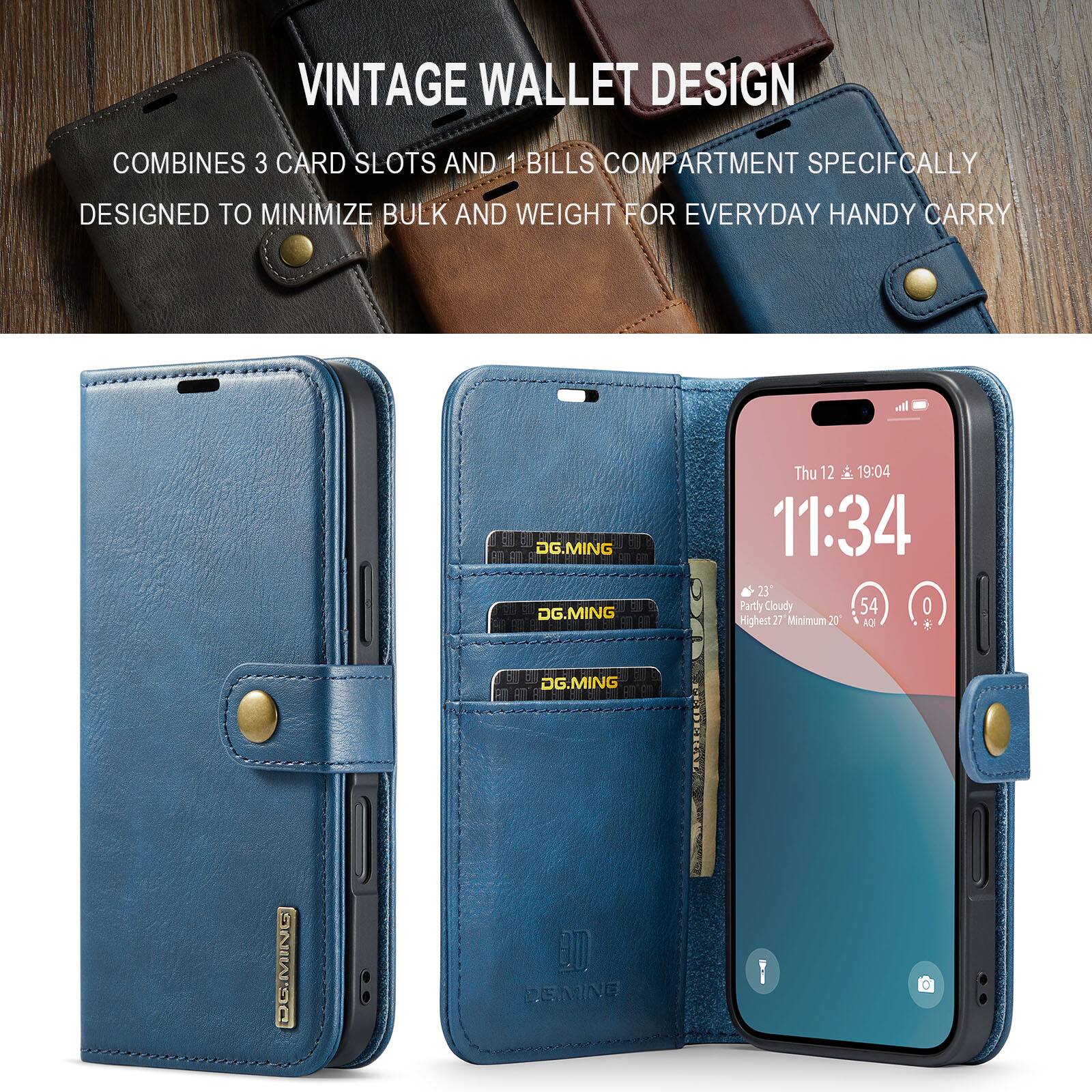 VINTAGE WALLET DESIGN  
COMBINES 3 CARD SLOTS AND 1 BILLS COMPARTMENT SPECIFICALLY DESIGNED TO MINIMIZE BULK AND WEIGHT FOR EVERYDAY HANDY CARRY