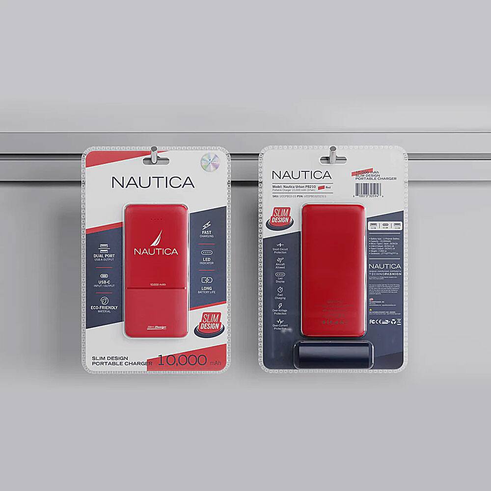 NAUTICA  
10086 BAS NAUTICA SUM PORTABLE DESIGN CHARGER  
Model: Nautica Orban PR230  
SKU UCOPAC3-01 PA  

SLIM DESIGN  
FAST CHARGING  

DUAL PORT OUTPUT  
NAUTICA  
COOL LED INDICATOR  

adidas NAUTICA TECHNOPASHION  
USB-C NAT OUTPUT ECO-FRIENDLY MATERIAL  

KOOOOMAN Corn  
LONG BATTERY LIFE SLIM DESIGN  
Fast Charging S Over-Voltage Protection +  

FCC  
SLIM DESIGN PORTABLE CHARGER 10,000 mAh