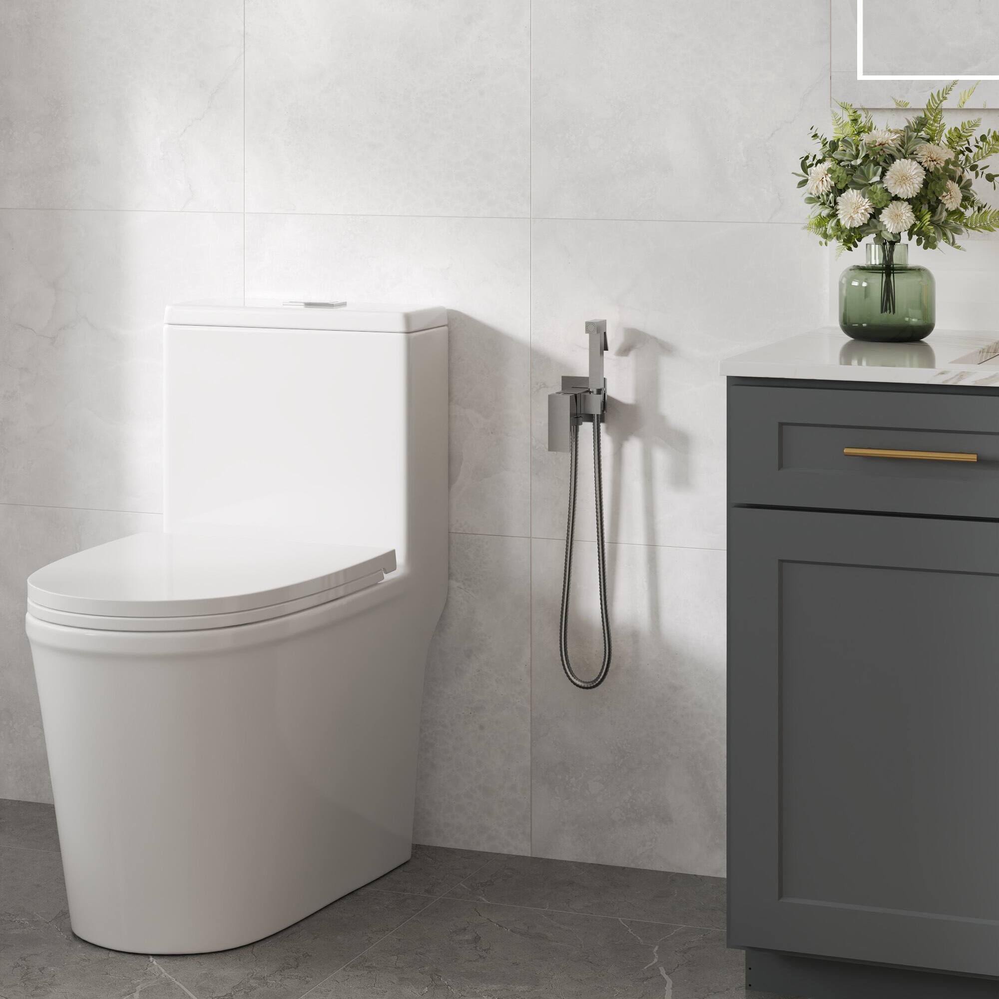 Angle. GRANDJOY - Handheld Bidet Faucet with Hot and Cold Mixing Valve, Wall Mount Solid Brass Square Design - Brushed Nickel.