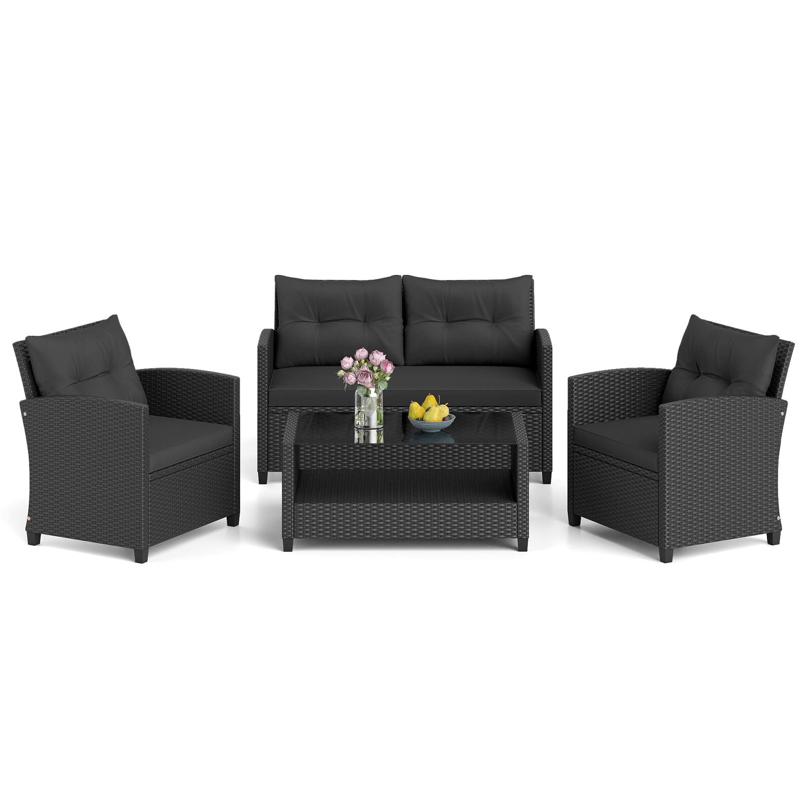 Alt View 1. Costway - Costway 4 PCS Outdoor Rattan Furniture Set Cushioned Sofa Armrest Table with Lower Shelf - Mix Black+Black.