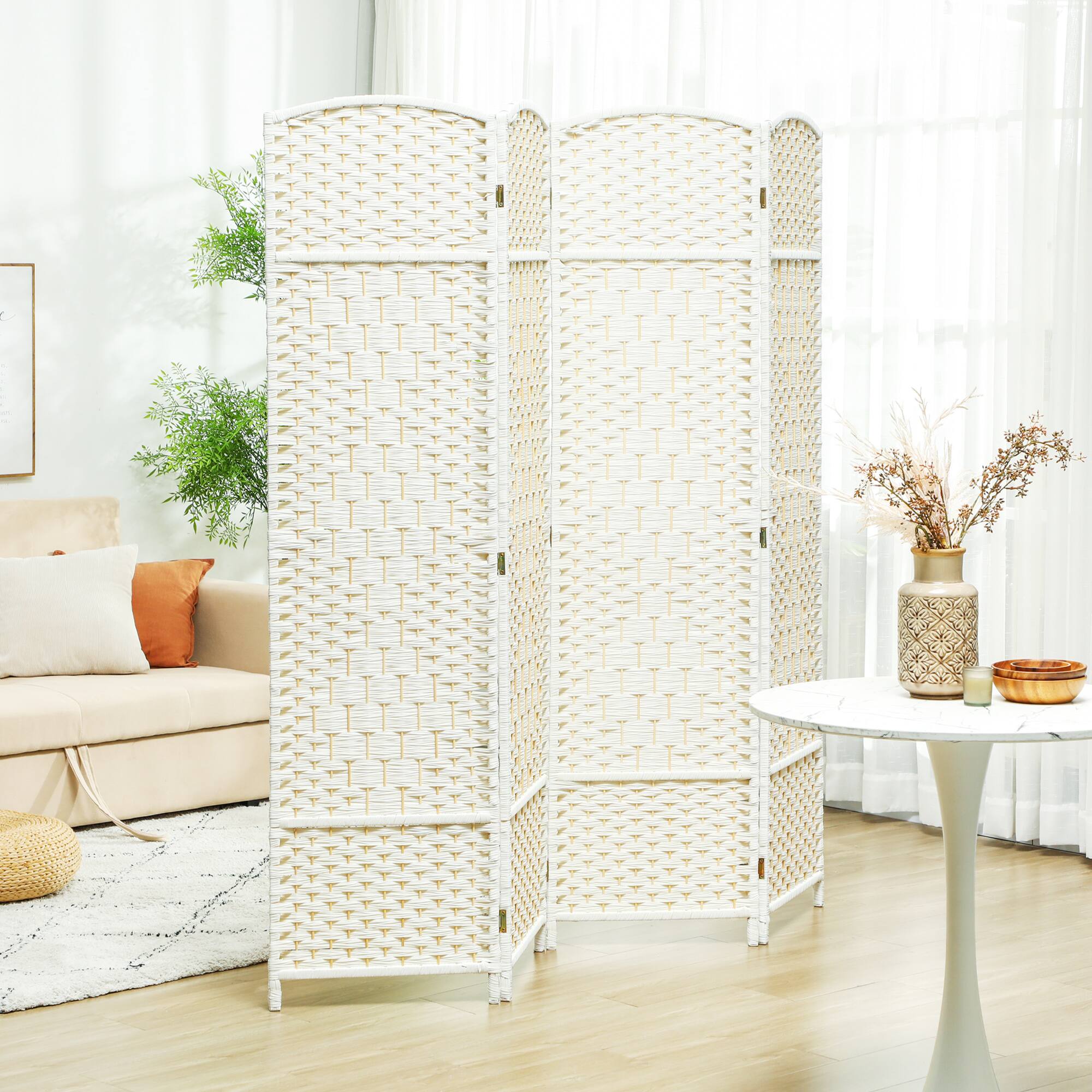 Alt View 1. Homcom - 4 Panel Room Divider, 6' Tall Folding Privacy Screen, Hand-Woven Freestanding Wall Partition for Home Office, Bedroom - White.