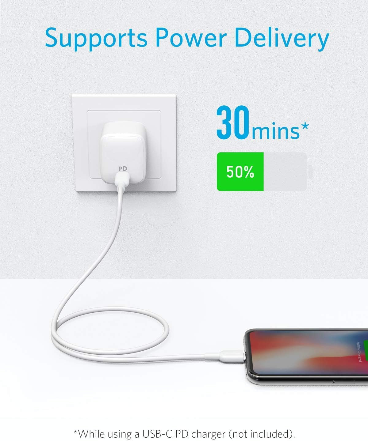 Supports Power Delivery  
30 mins*  
50%  

*While using a USB-C PD charger (not included).