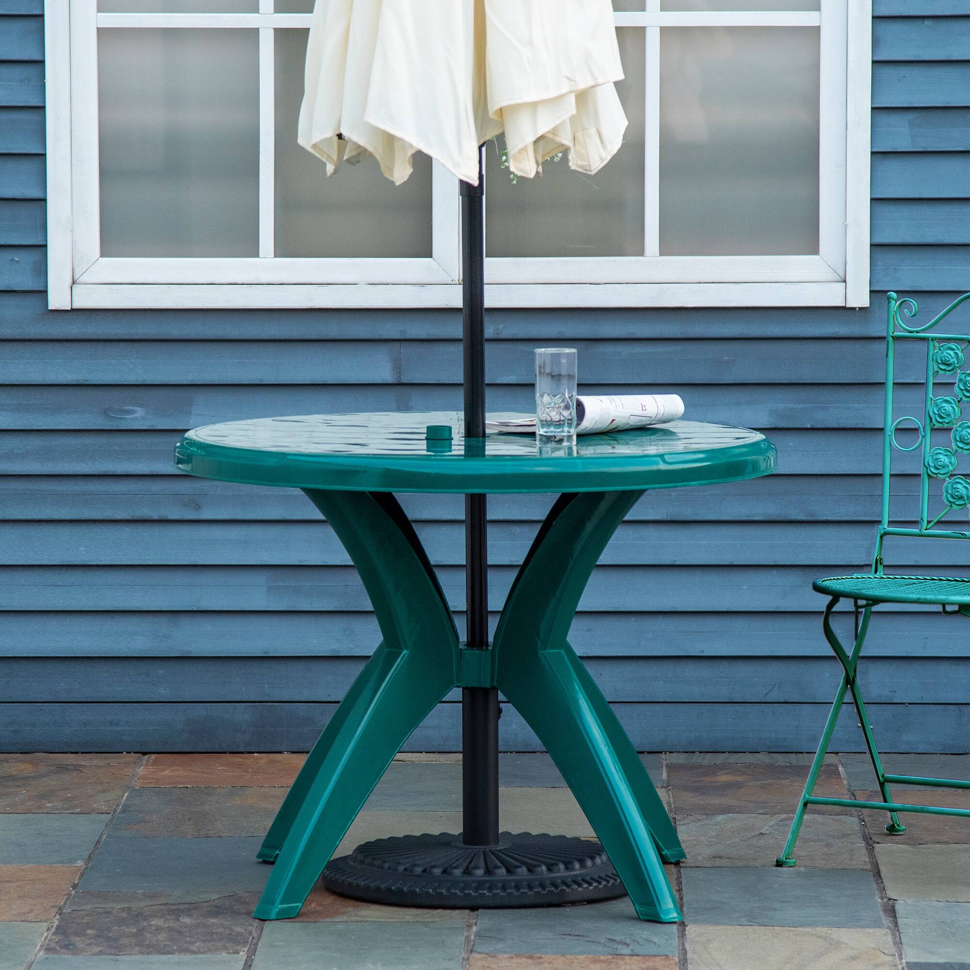 Alt View 1. Outsunny - 36.25" Dia Round Plastic Patio Table with Umbrella Hole, Outdoor Bistro Dining Table - Green.