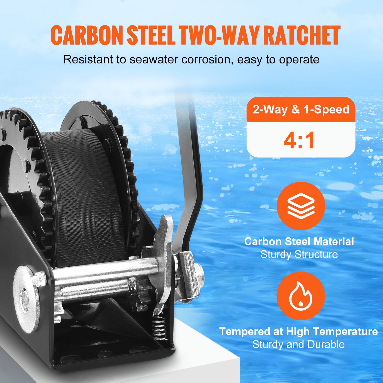 CARBON STEEL TWO-WAY RATCHET  
Resistant to seawater corrosion, easy to operate  

2-Way & 1-Speed  
4:1  

Carbon Steel Material  
Sturdy Structure  

Tempered at High Temperature  
Sturdy and Durable
