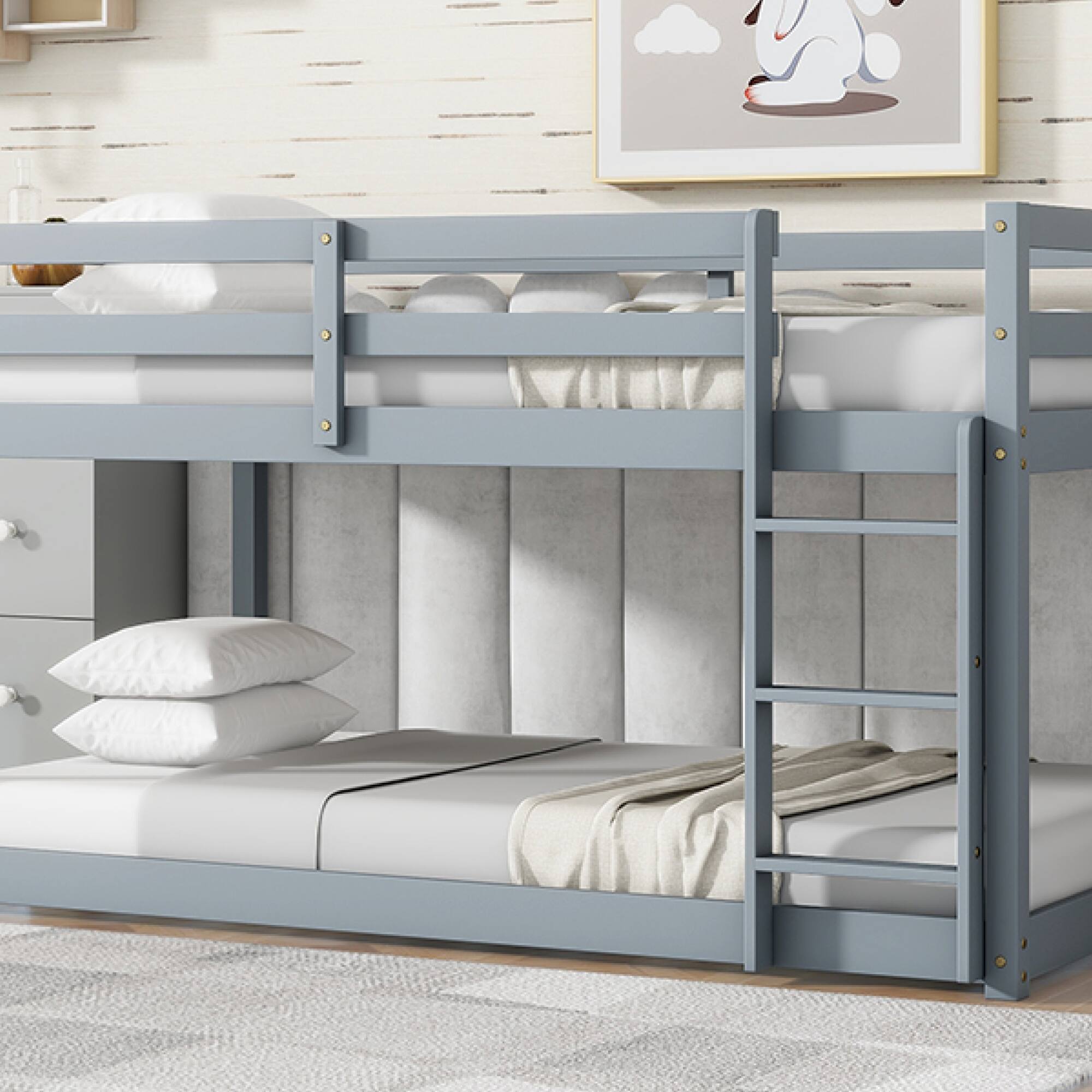 Alt View 10. GOODSILO - Solid Wood Twin Over Twin Floor Bunk Bed with Ladder and Strengthened Slats for Enhanced Stability - Grey.