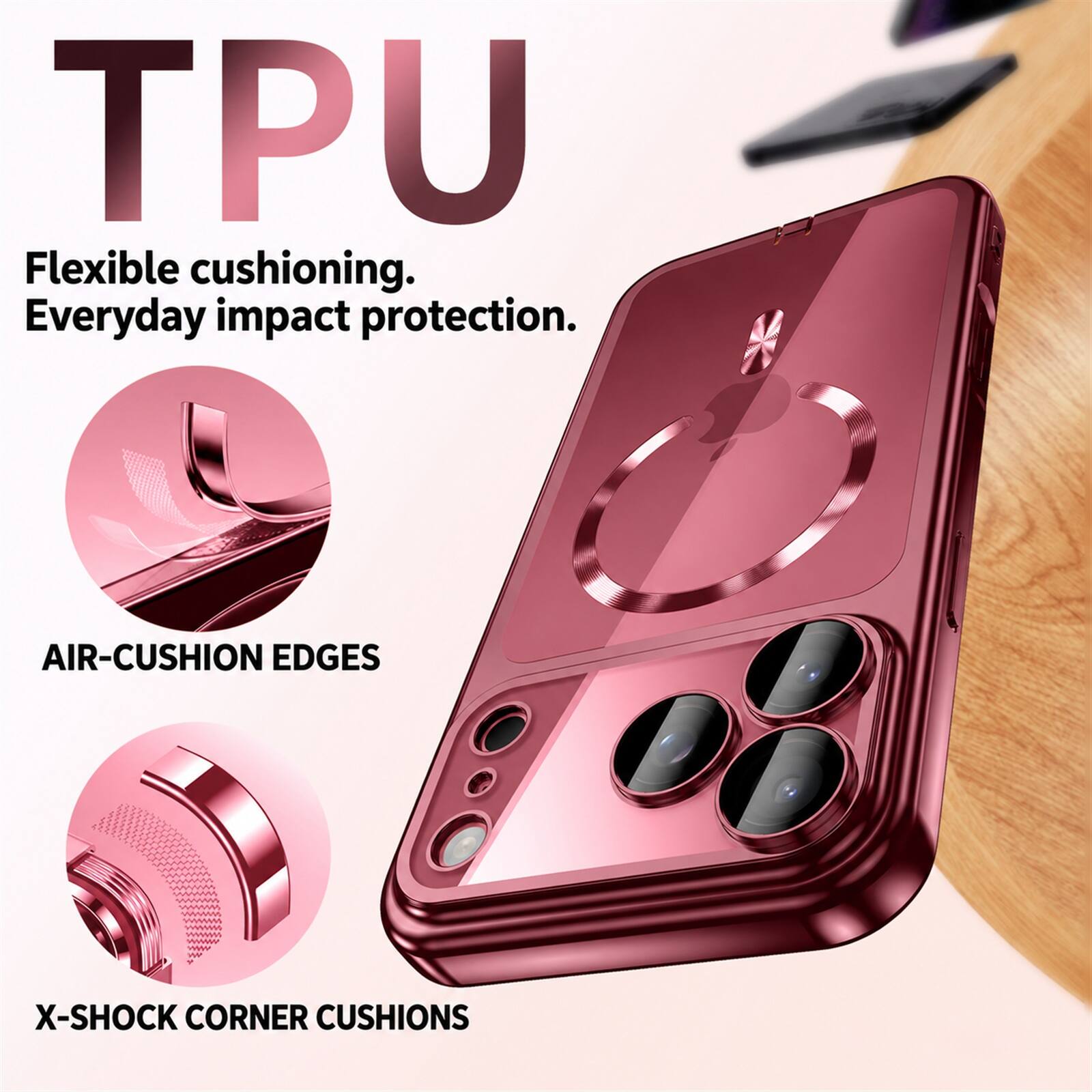 TPU  
Flexible cushioning. Everyday impact protection.  
AIR-CUSHION EDGES  
X-SHOCK CORNER CUSHIONS