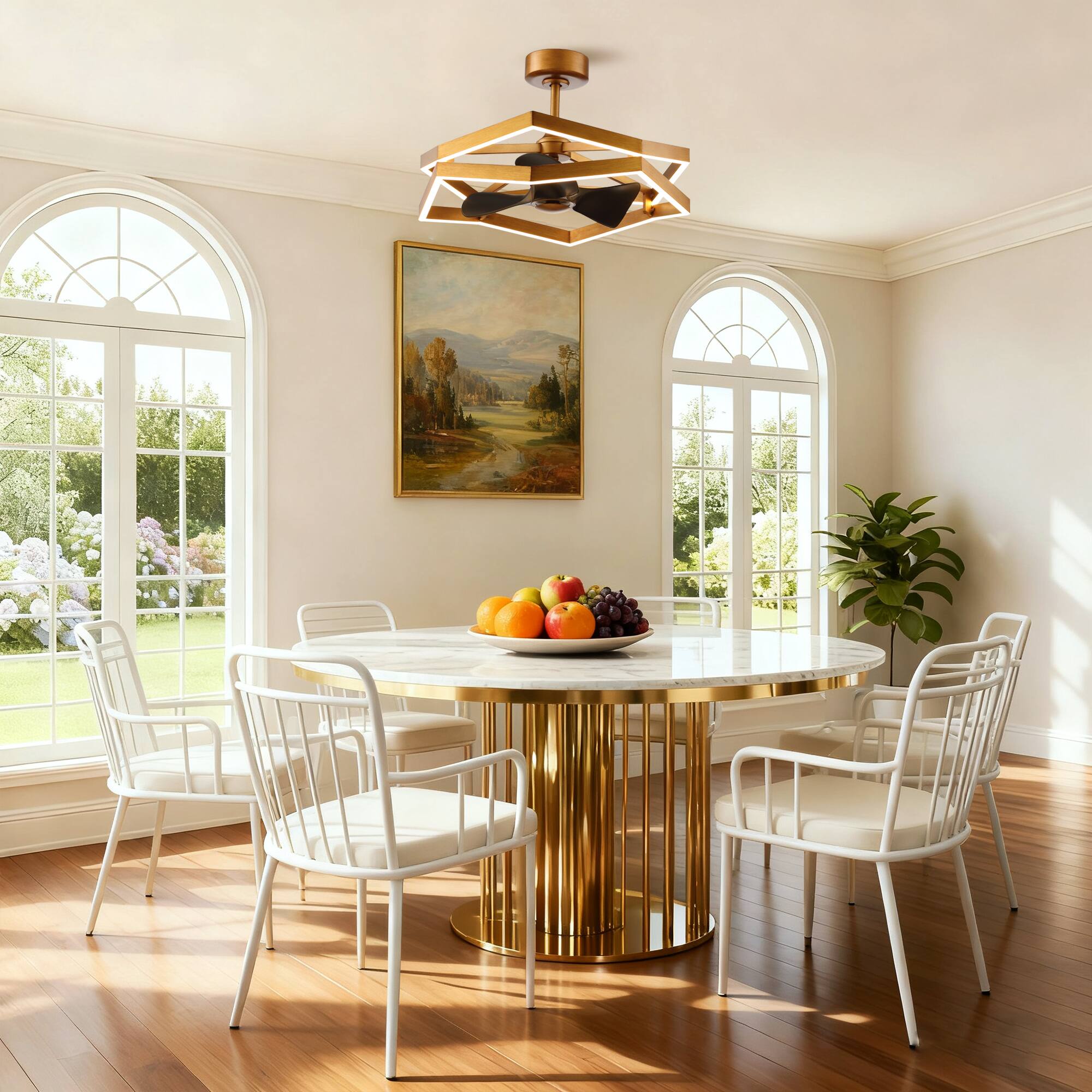 Angle. Parrot Uncle - 30"Industrial Balck Antique Brass Irregular LED Fandelier Ceiling Fan with 6 speeds Remote - Brass.