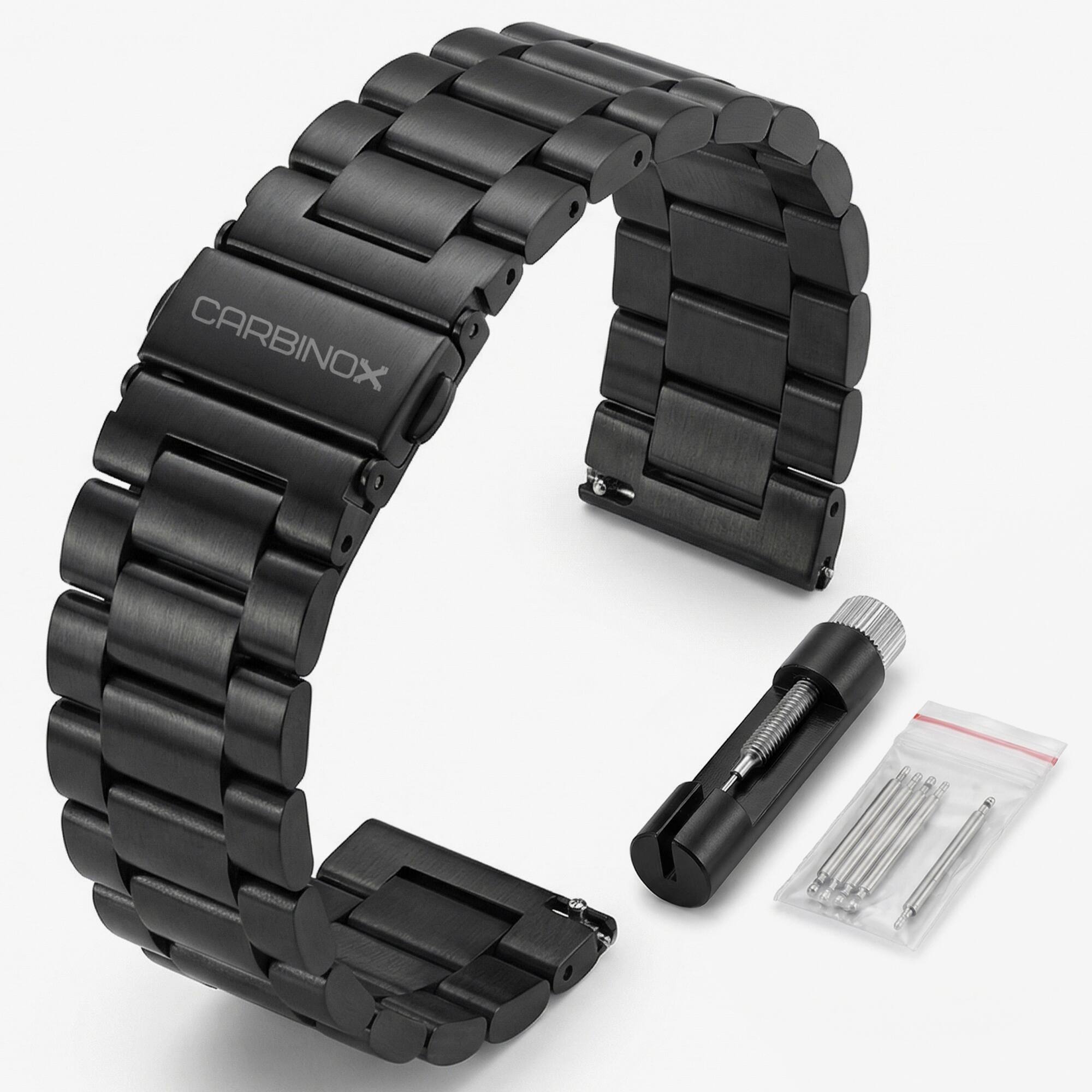 Left. Carbinox - CARBINOX Metal Band Durable 22mm Compatible Smartwatches with Toolkit Included - Stainless Steel, Adjustable, Secure Fit - Black.
