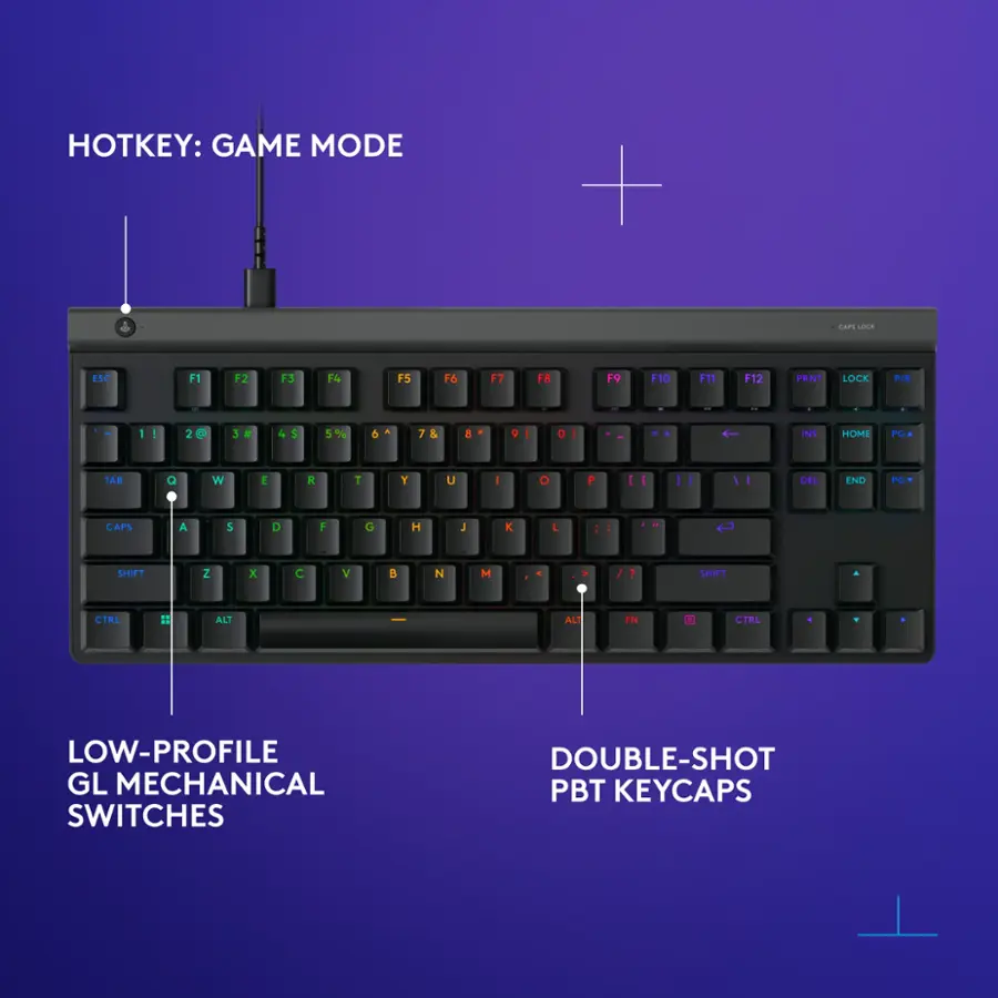 The image features a black keyboard with a purple background. The keyboard has a game mode, which is indicated by the presence of a game mode key. The keyboard also has a low-profile design, and it is equipped with mechanical switches. Additionally, the keyboard has double-shot PBT keycaps, which provide a durable and high-quality typing experience.