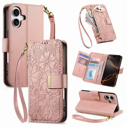 Front. UUCOVER - Floral PU Leather Wallet Case for iPhone 16 Plus with Zipper Pocket, Card Slots,Shoulder & Wrist Strap, Stand Cover - Rosegold.