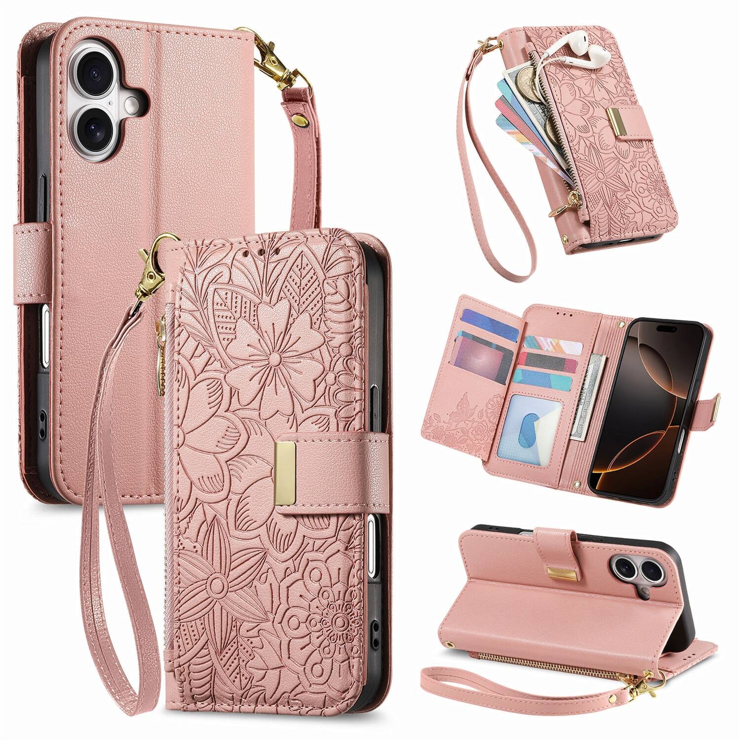 Front. UUCOVER - Floral PU Leather Wallet Case for iPhone 16 Plus with Zipper Pocket, Card Slots,Shoulder & Wrist Strap, Stand Cover - Rosegold.