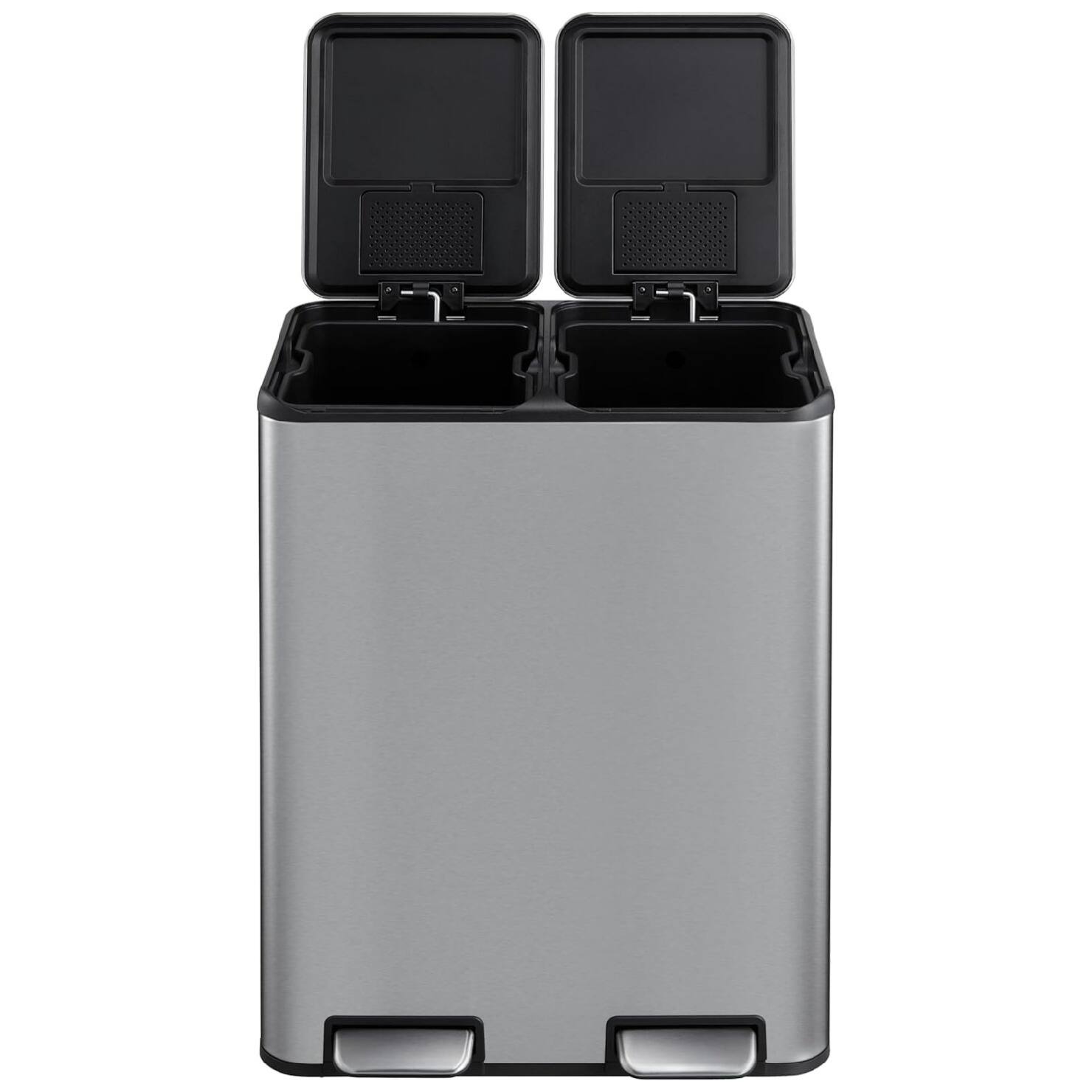 Front. GARVEE - Trash Can with Lid, 60L/16 Gal Pedal Stainless Steel Double Trash Can Kitchen Recycling - Silver.
