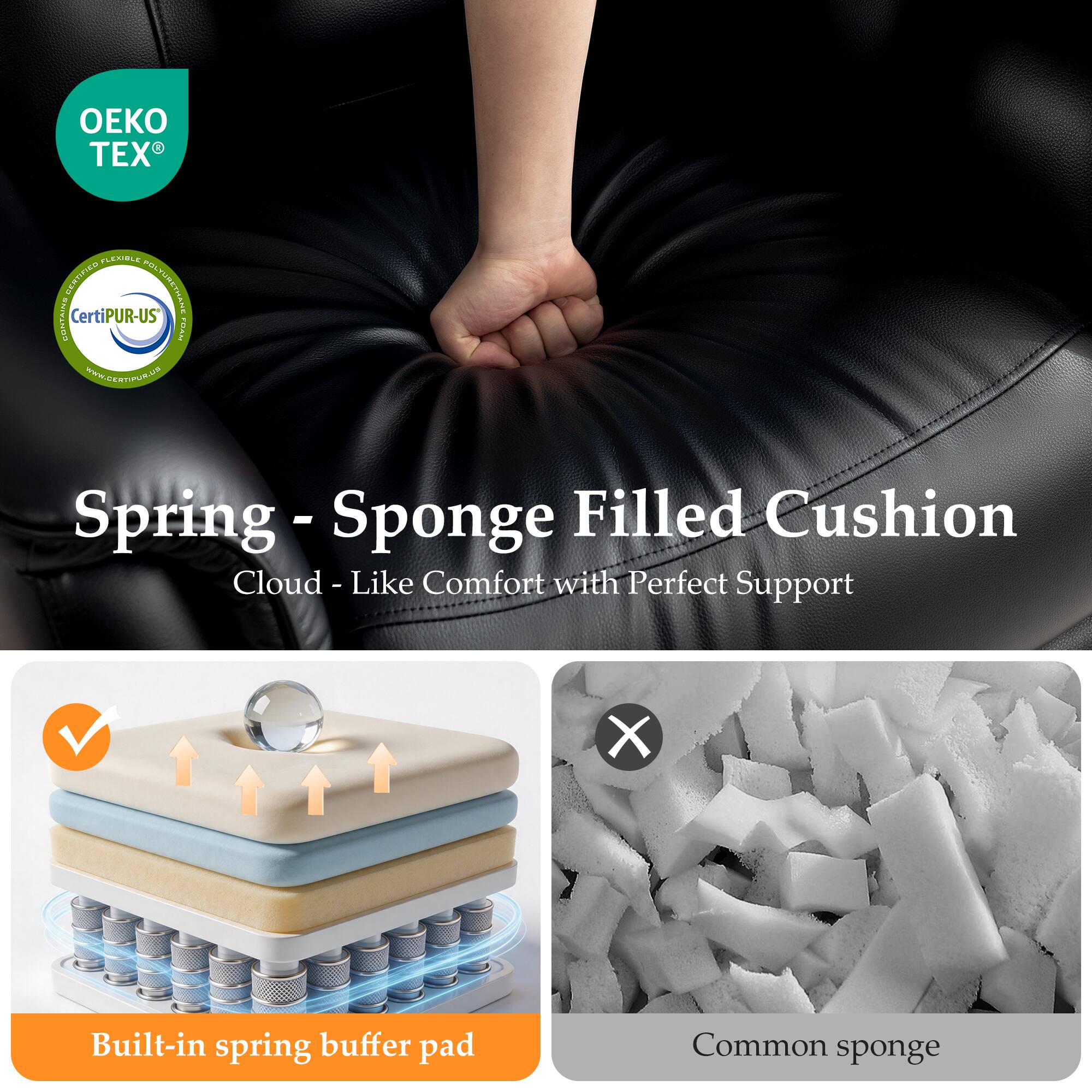 OEKO TEX

Certified Flexible Foam
CertiPUR-US

Spring - Sponge Filled Cushion
Cloud - Like Comfort with Perfect Support

Built-in spring buffer pad

Common sponge