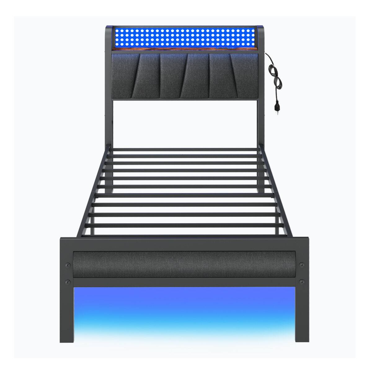 Alt View 4. Furnulem - Platform Bed Frame Upholstered Headboard LED Lights Charging Station Heavy Duty Metal Support No Box Spring Needed - Brown.