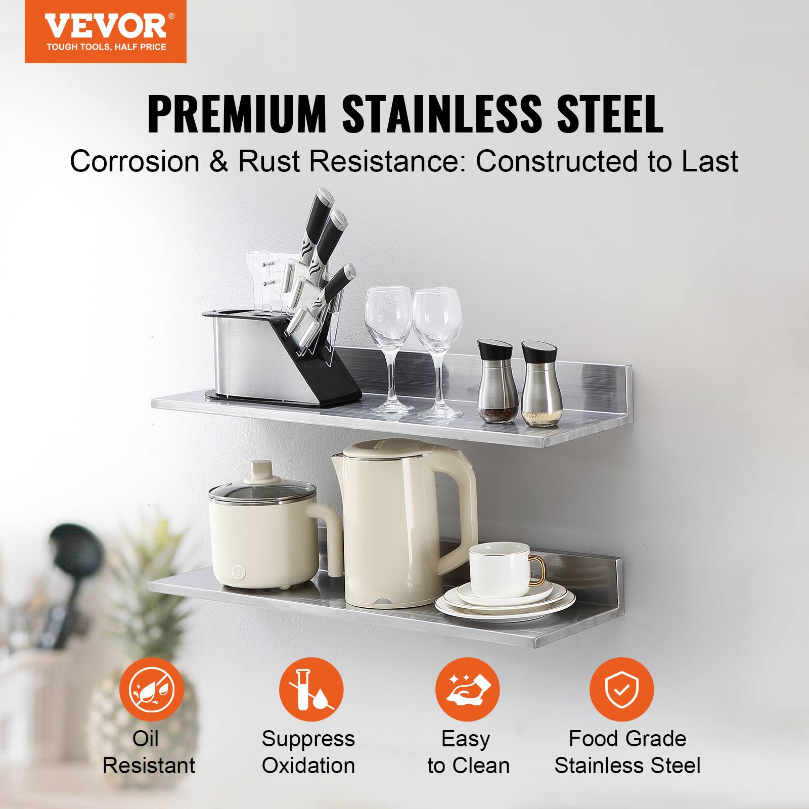 VEVOR  
TOUGH TOOLS, HALF PRICE  

PREMIUM STAINLESS STEEL  
Corrosion & Rust Resistance: Constructed to Last  

- Oil Resistant  
- Suppress Oxidation  
- Easy to Clean  
- Food Grade Stainless Steel