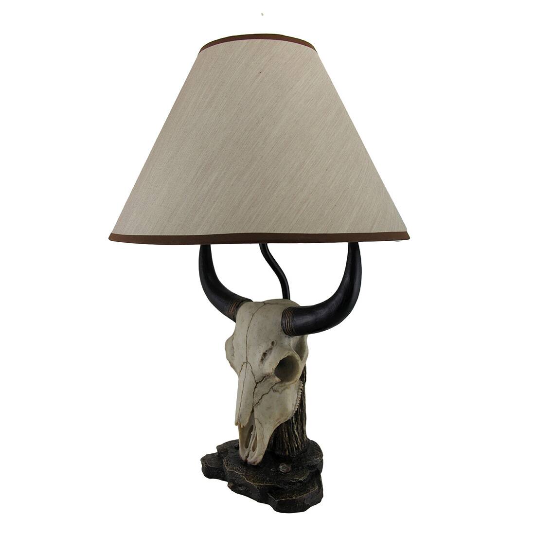 Alt View 1. Zeckos - Cattle Ranch Decorative Steer Skull Table Lamp with Beige Fabric Shade - Beige.