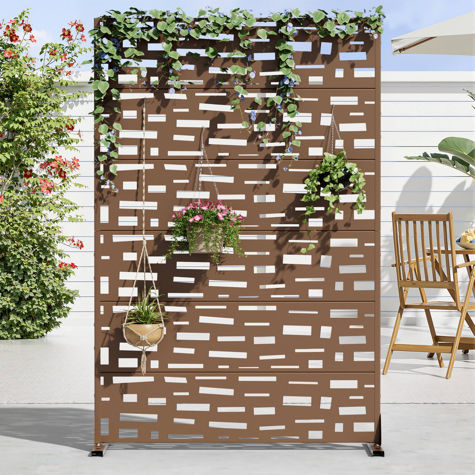 Alt View 1. PexFix - 72 in. x 47 in. Gerald Pattern Metal Outdoor Privacy Screen & Panels, Freestanding Garden Divider Fence - Brown.