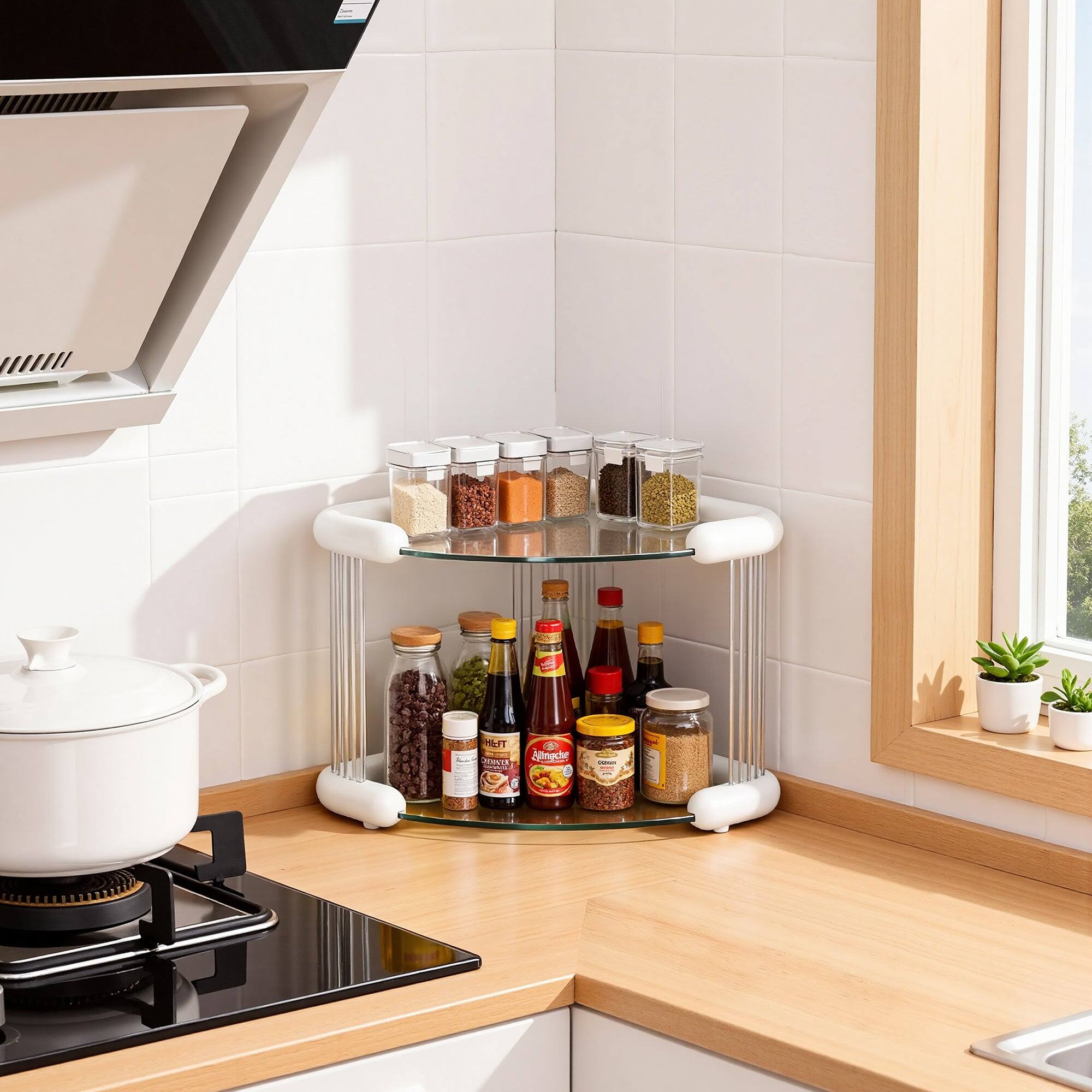 Alt View 4. Vecelo - Triangle Corner Desktop Organizer, 2 Tier Plastic Countertop Storage Rack for Kitchen, Vanity, Office - White.