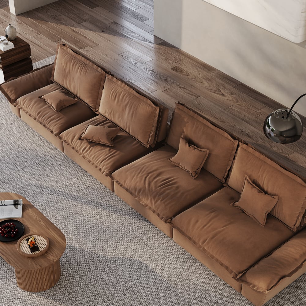 POVISON - 182.67" Modern Deep Sofa with Adjustable Backrest - Brown Suede Fabric