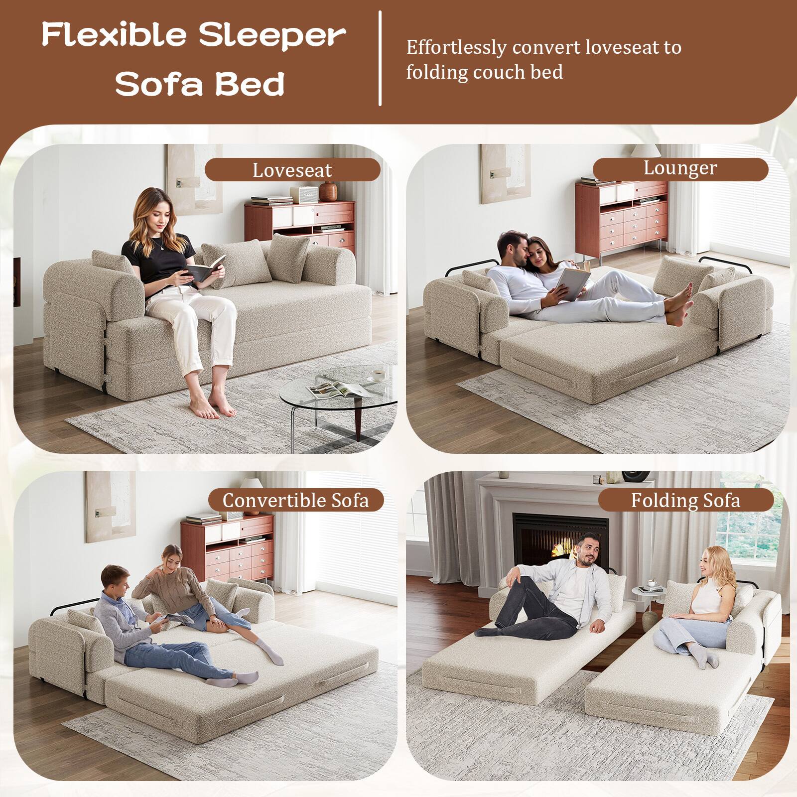 Flexible Sleeper Sofa Bed

Effortlessly convert loveseat to folding couch bed

- Loveseat
- Lounger
- Convertible Sofa
- Folding Sofa