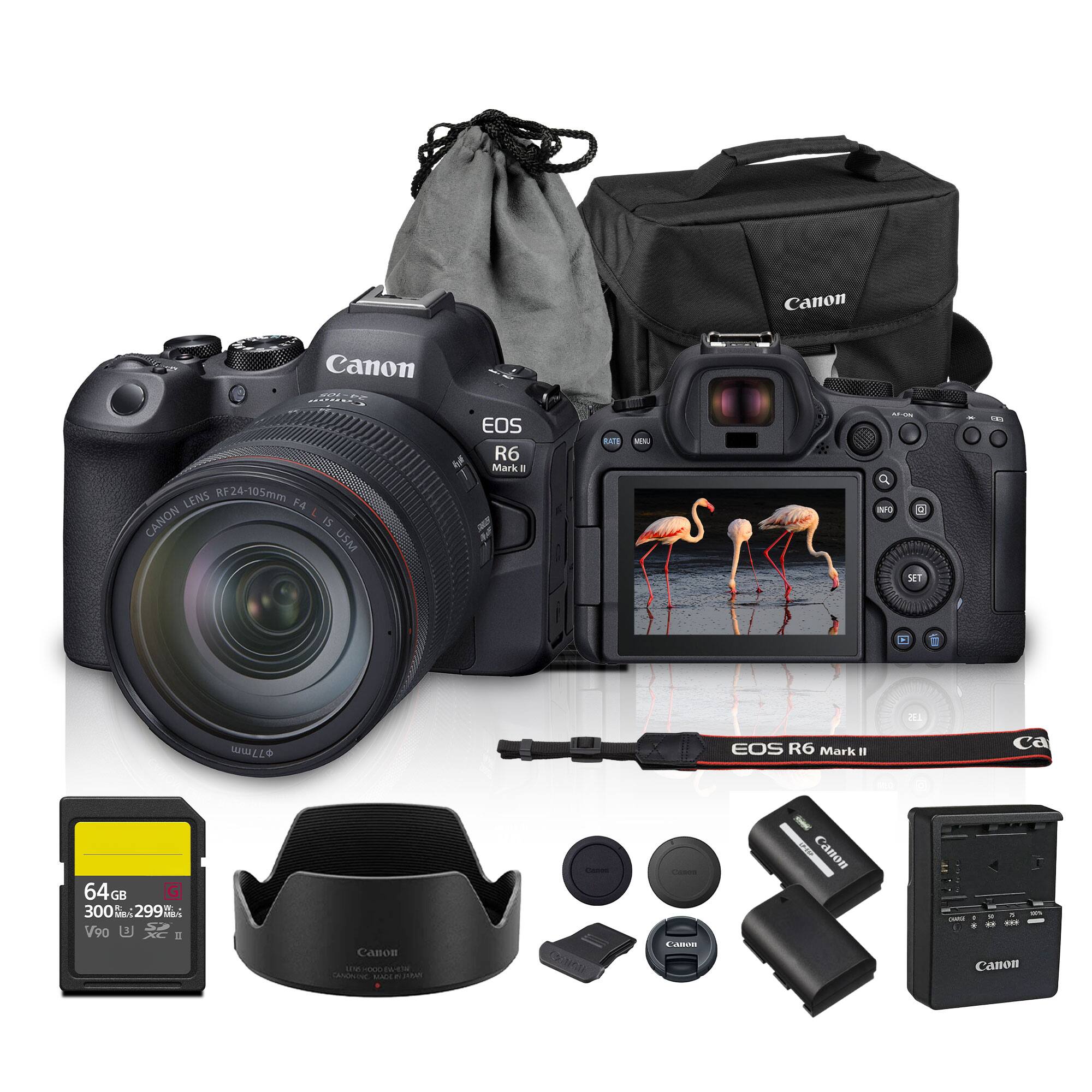Canon EOS R6 Mark II with RF24-105mm F4 L IS USM Lens  
64GB V90 SD Card  
Canon Camera Bag  
Canon Lens Hood  
Canon Battery Charger  
Canon Battery  
Canon Lens Cap  
Canon Strap