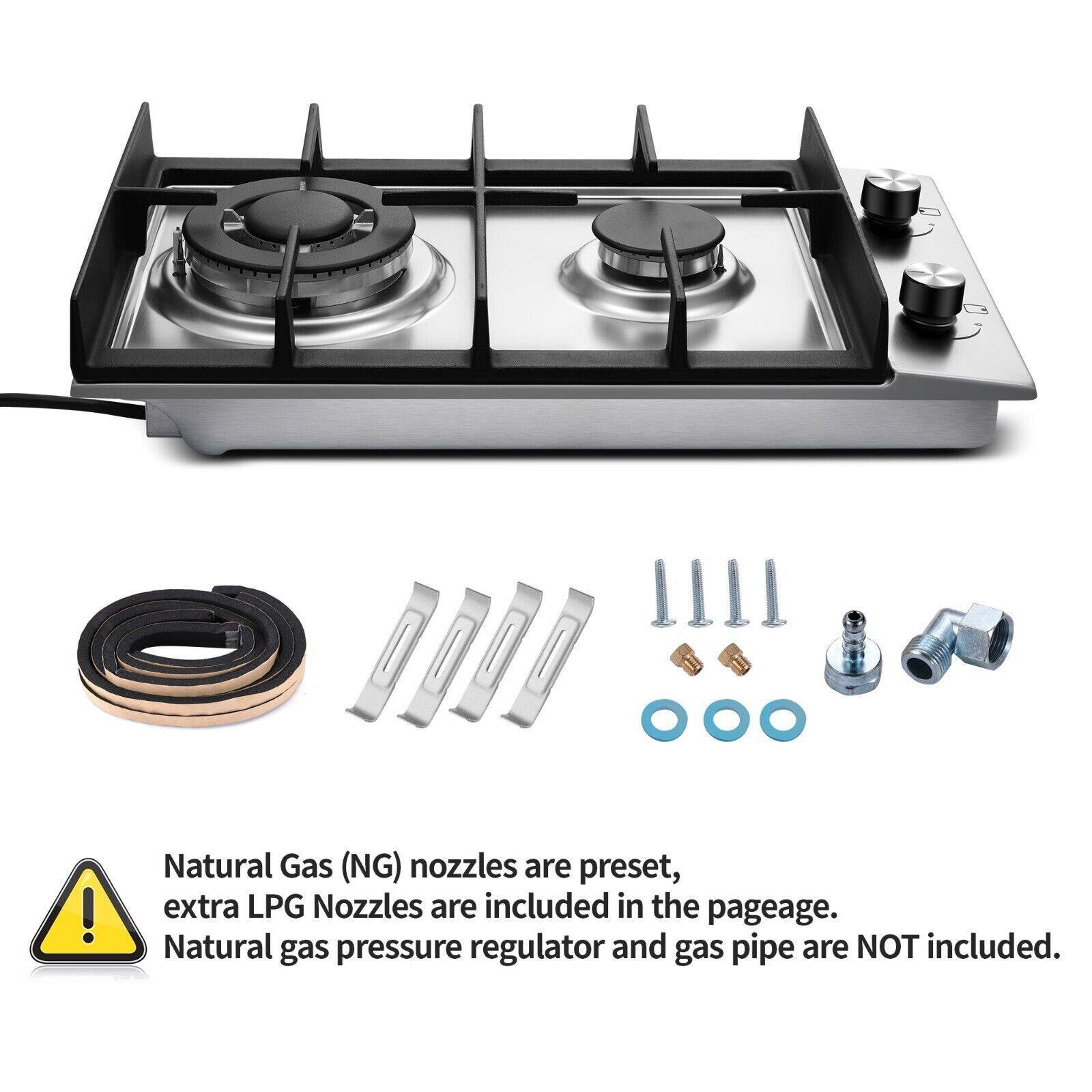 Natural Gas (NG) nozzles are preset, extra LPG Nozzles are included in the package. Natural gas pressure regulator and gas pipe are NOT included.
