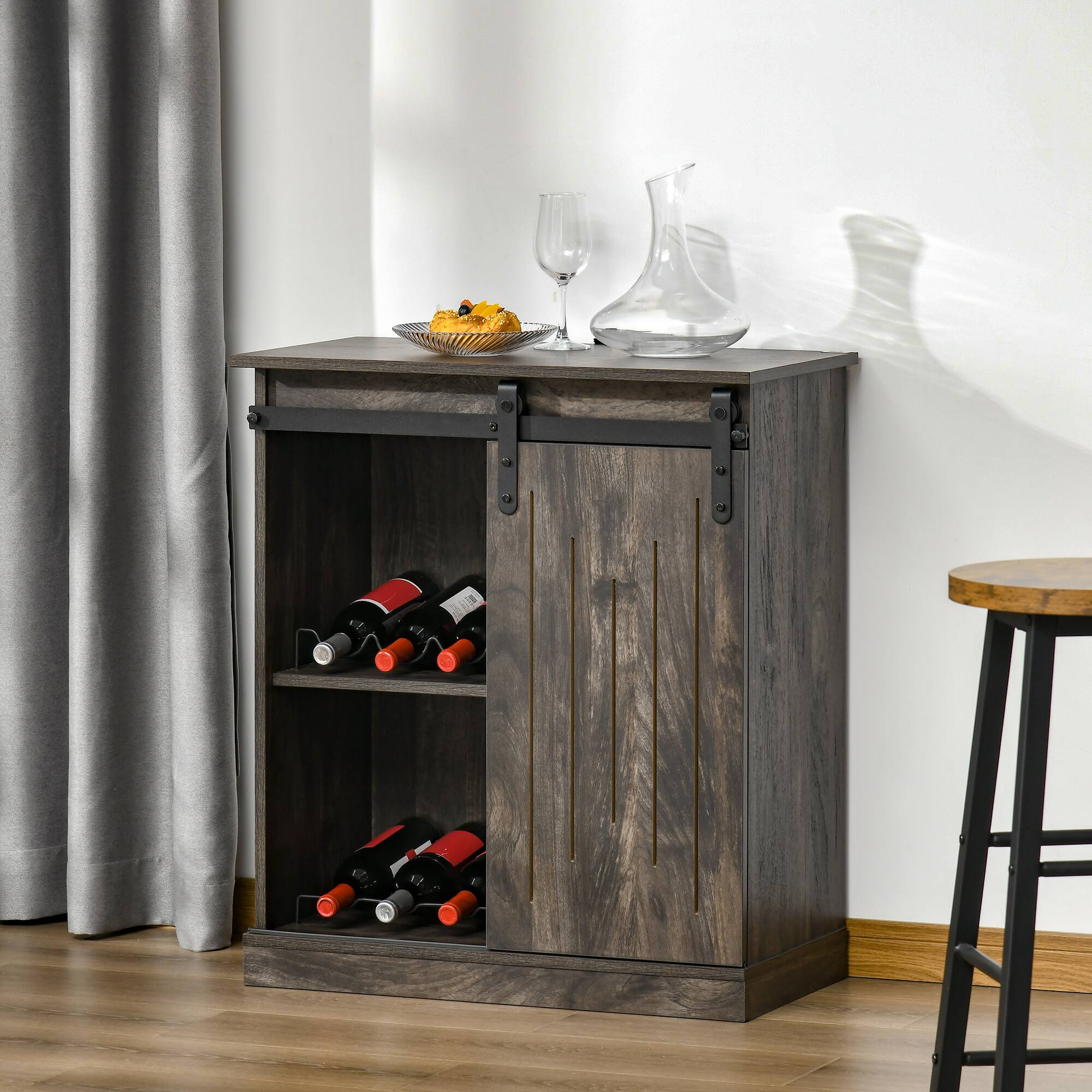 Alt View 1. Homcom - Industrial Wine Cabinet, Sideboard Storage Cabinet, Serving Bar Buffet with Sliding Barn Door and 6-Bottle Wine Rack.