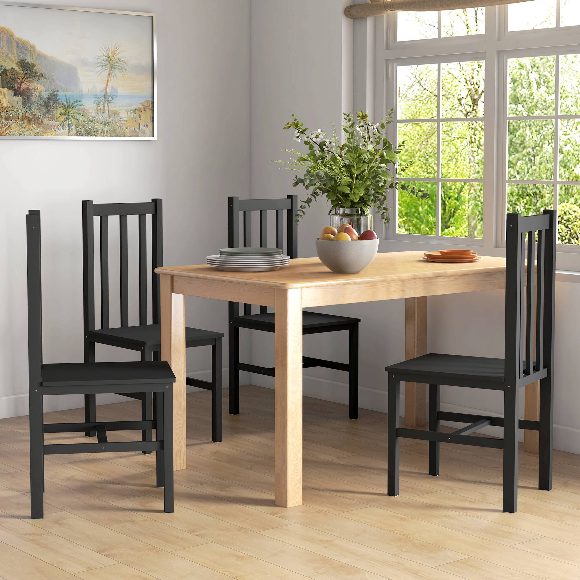 Alt View 1. Homcom - Dining Table Chairs, Set of 4 Pine Wood Kitchen Table Chairs with Slat Back for Living Room - Black.