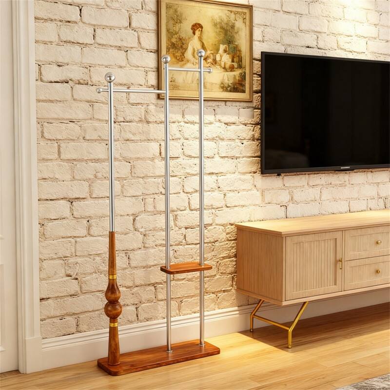 Alt View 6. ALEXOUN - 70" Coat Rack, Solid Wood & Silver Stainless Steel Clothing Rack, Double Layer Hanger for Coats,Hats,Bags (34.6" Wide) - Wood.