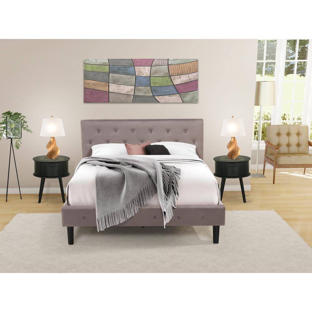 Alt View 4. East West Furniture - NL14Q-2GO11 3 Piece Bedroom Set - 1 Queen Size Bed Brown Taupe Velvet Fabric Headboard and 2 Nightstand - Black Finish - Taupe Brown.