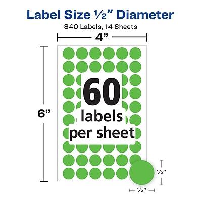 Label Size 1/2" Diameter  
840 Labels, 14 Sheets  
4" x 6"  
60 labels per sheet  
1/2" x 1/2"