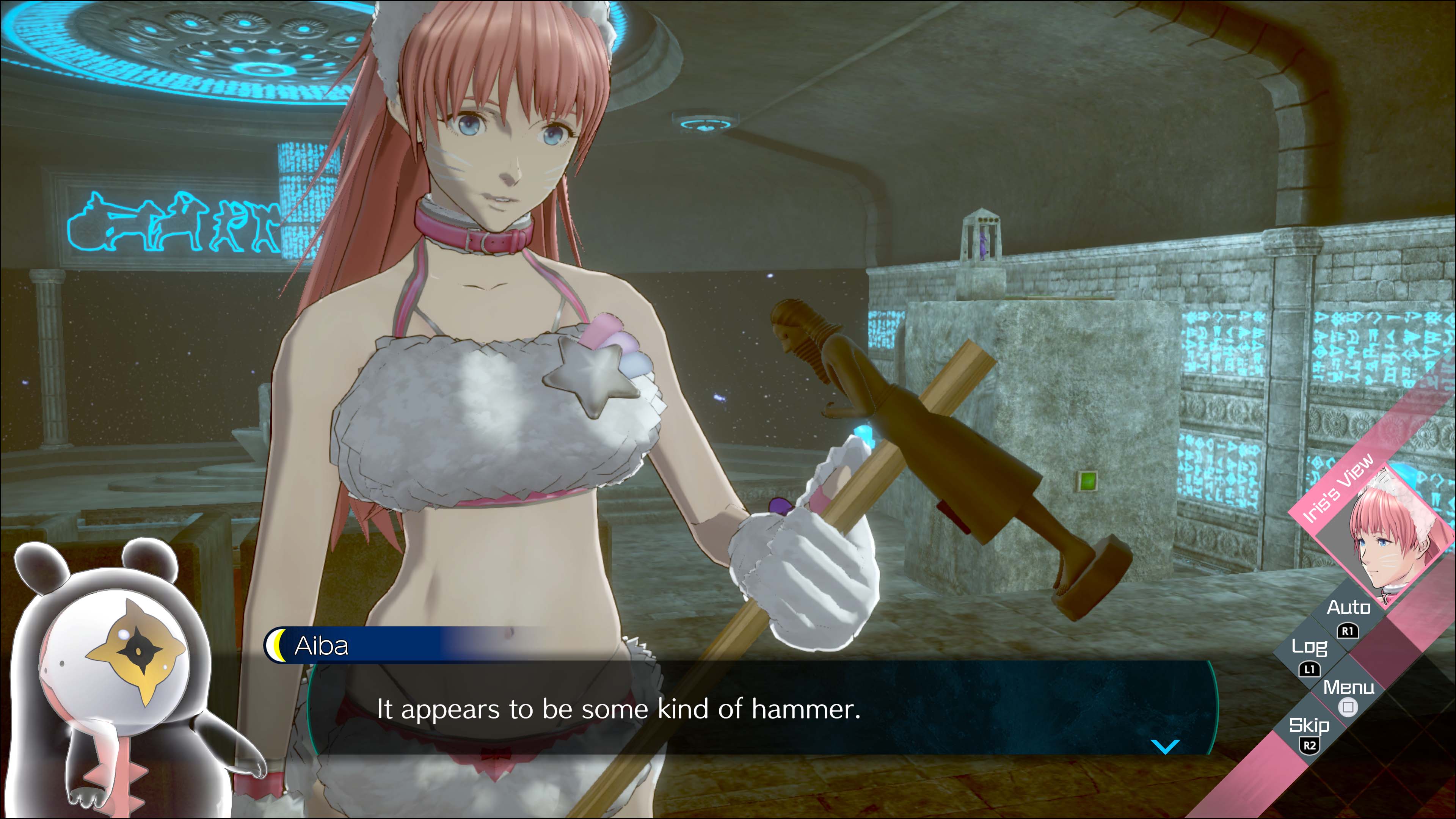 1. ALTY YP V A IHIMA  
   View Iris's Aiba  
   It appears to be some kind of hammer.  
   Auto R1 Log L1 Menu Skip R2