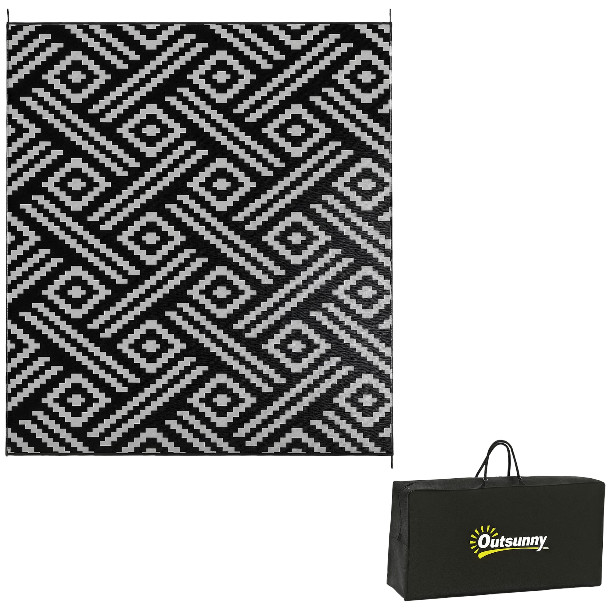 Outsunny - Outdoor Rug for Patio, 8' x 10' Waterproof Large Mat, Reversible Plastic Straw Rug for Décor - Black and Gray Geometric