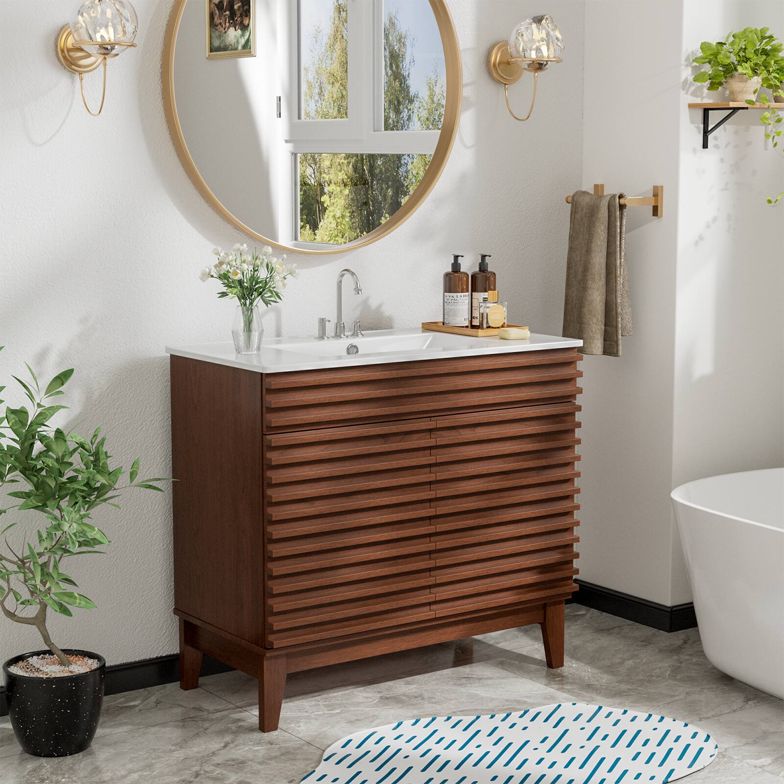 Front. LOVMOR - LOVMOR 36-in W Walnut Freestanding Bathroom Vanity with Undermount Ceramic Sink and 2-Level Storage - Walnut.