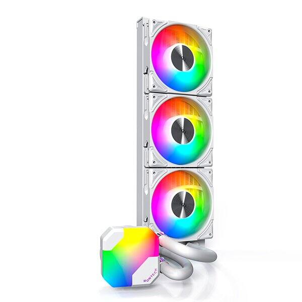 Angle. Montech - MONTECH HyperFlow ARGB 360 AIO CPU Cooler, Intel/AMD, 3100RPM Pump, 3x ARGB Fans - White - White.