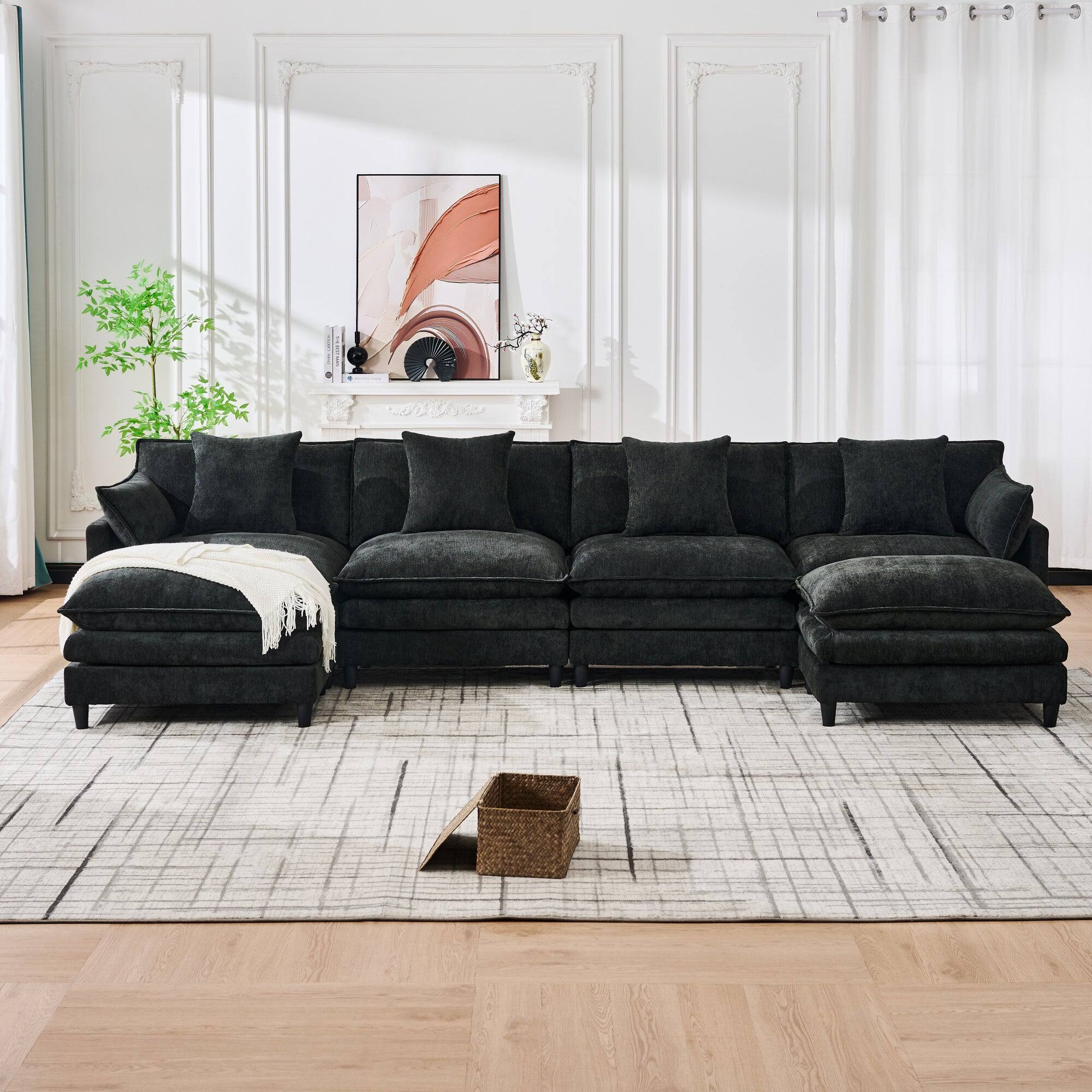 Alt View 2. Boyel Living - 140.9In Black Cashmere U-Shaped Sofa with 2 Ottomans 4 Cushions&2 Pillows - Black.