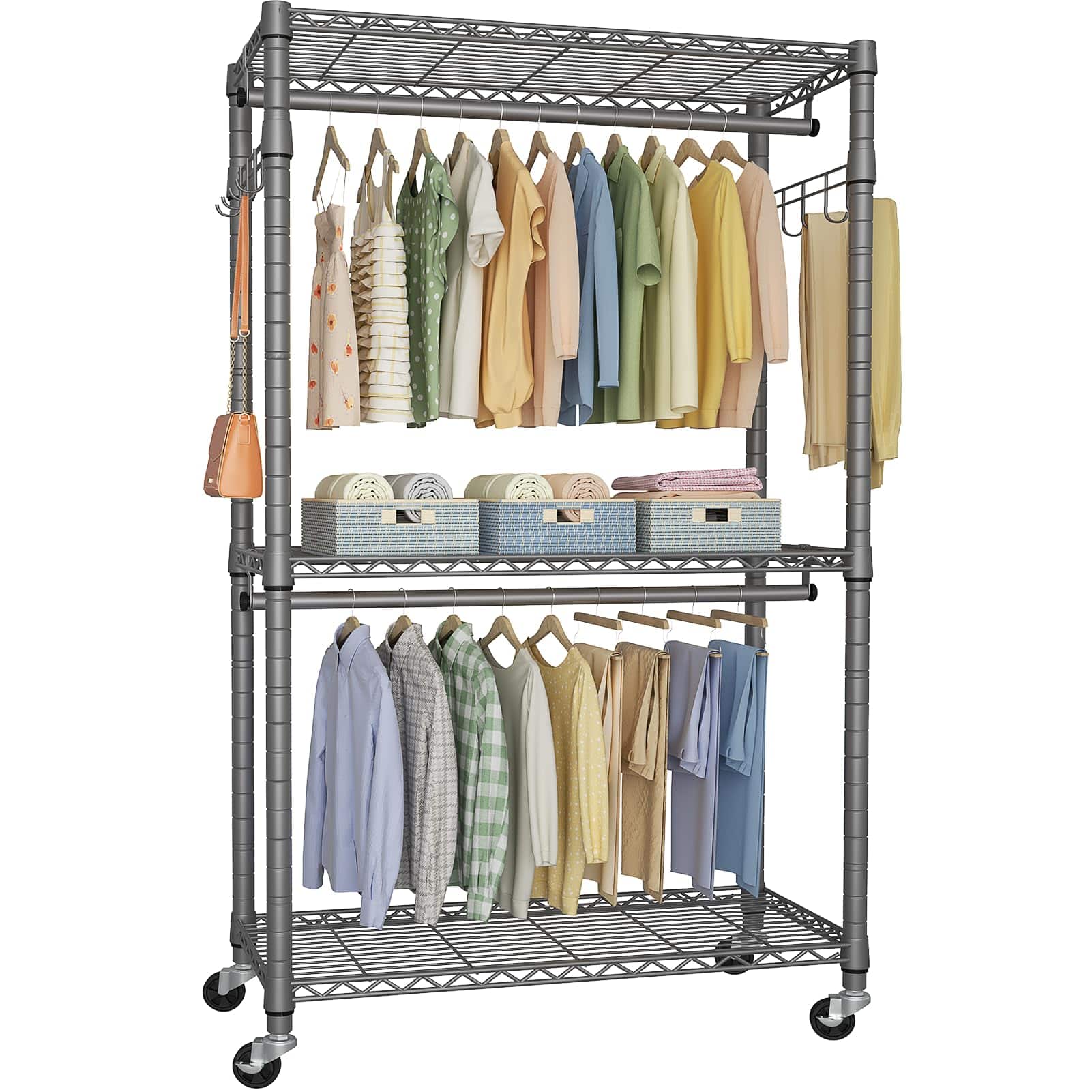 ThinkLink Electronic - P1 Heavy Duty Garment Rack 3 Tiers Adjustable Rolling Metal Closet Organizer With Lockable Wheels - Grey P1