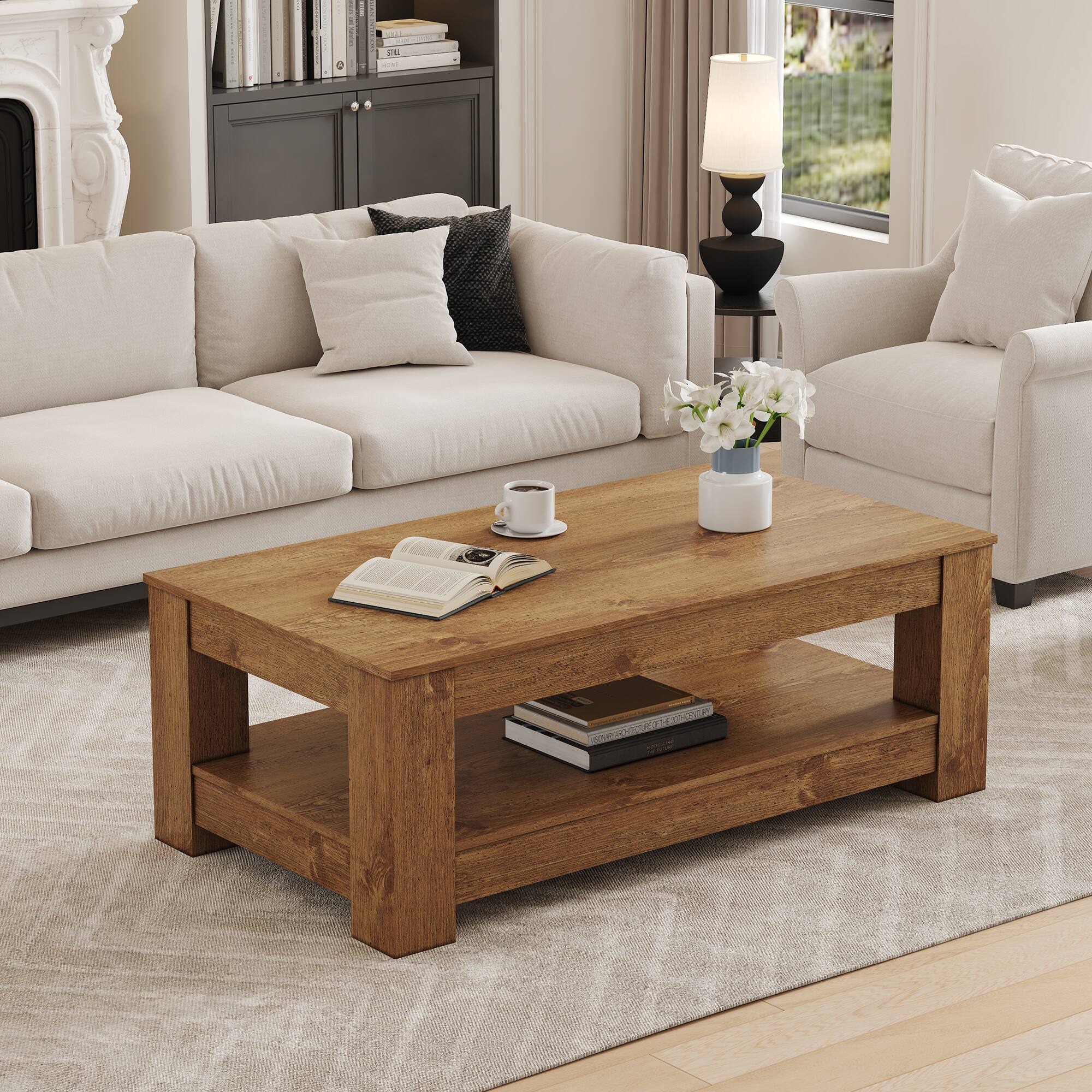 Front. Loheer - Loheer- Modern Double Layer Natural Wood Coffee Table with Storage Shelf for Living Room 3.6 ft Long - Wood.