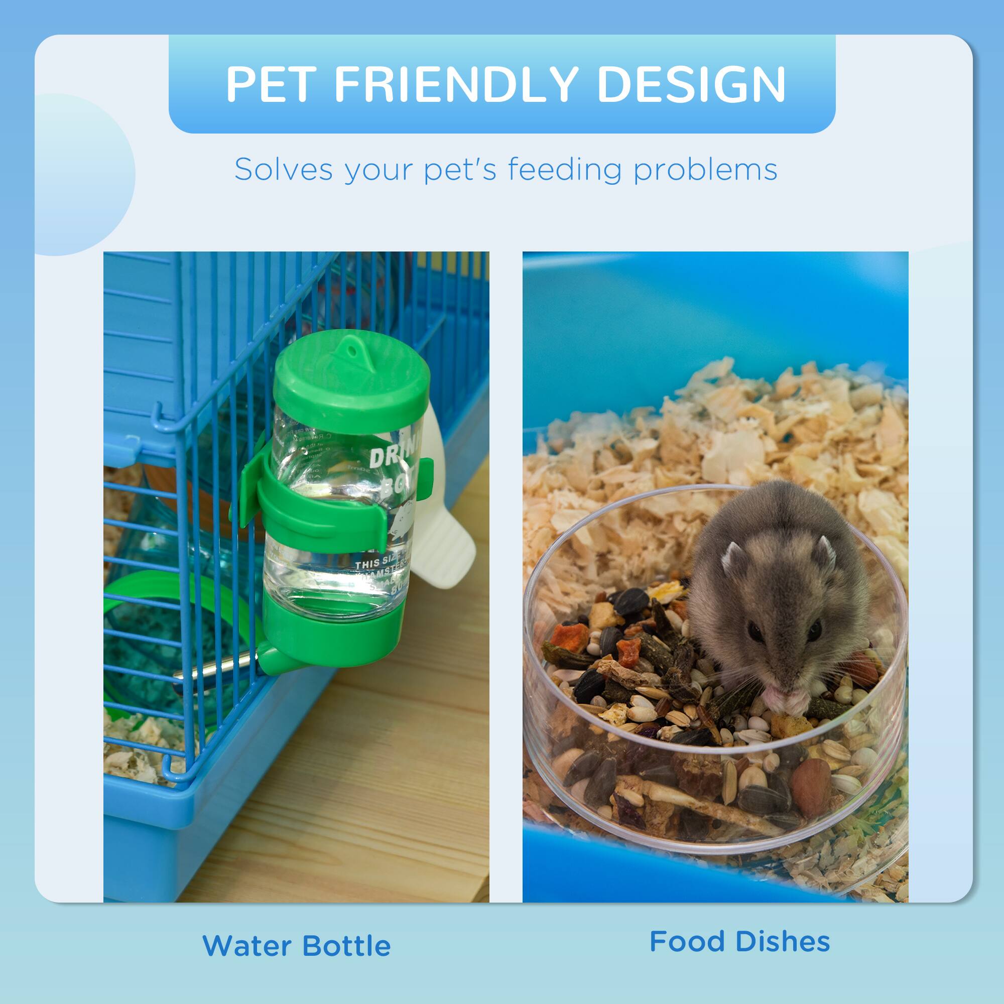 PET FRIENDLY DESIGN  
Solves your pet's feeding problems  

Water Bottle  
Food Dishes