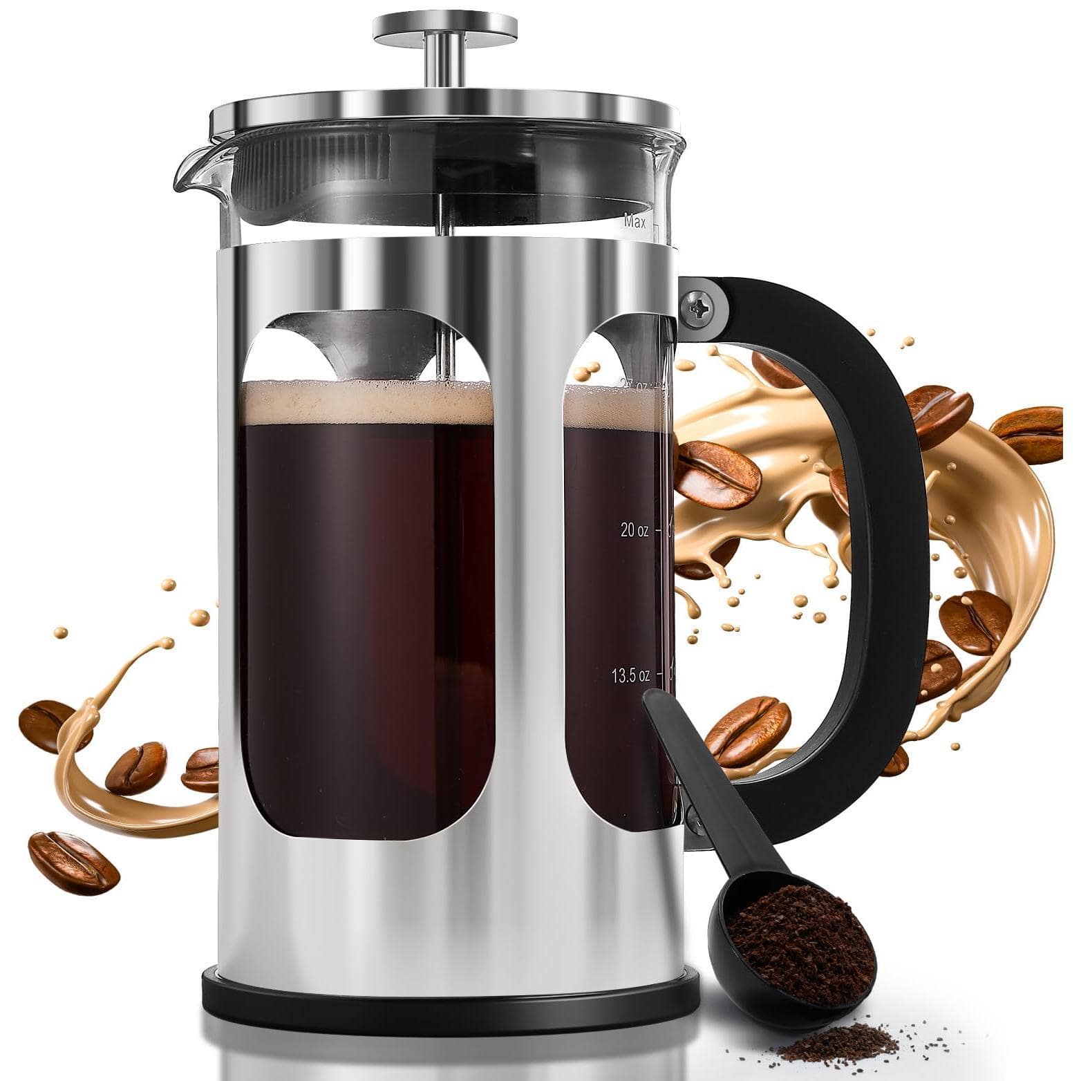 Dapper Styles - Press Coffee Maker 304 Stainless Steel Cold Brew Heat Resistant Thickened Borosilicate Pot For Camping Trav - Silver-34 oz